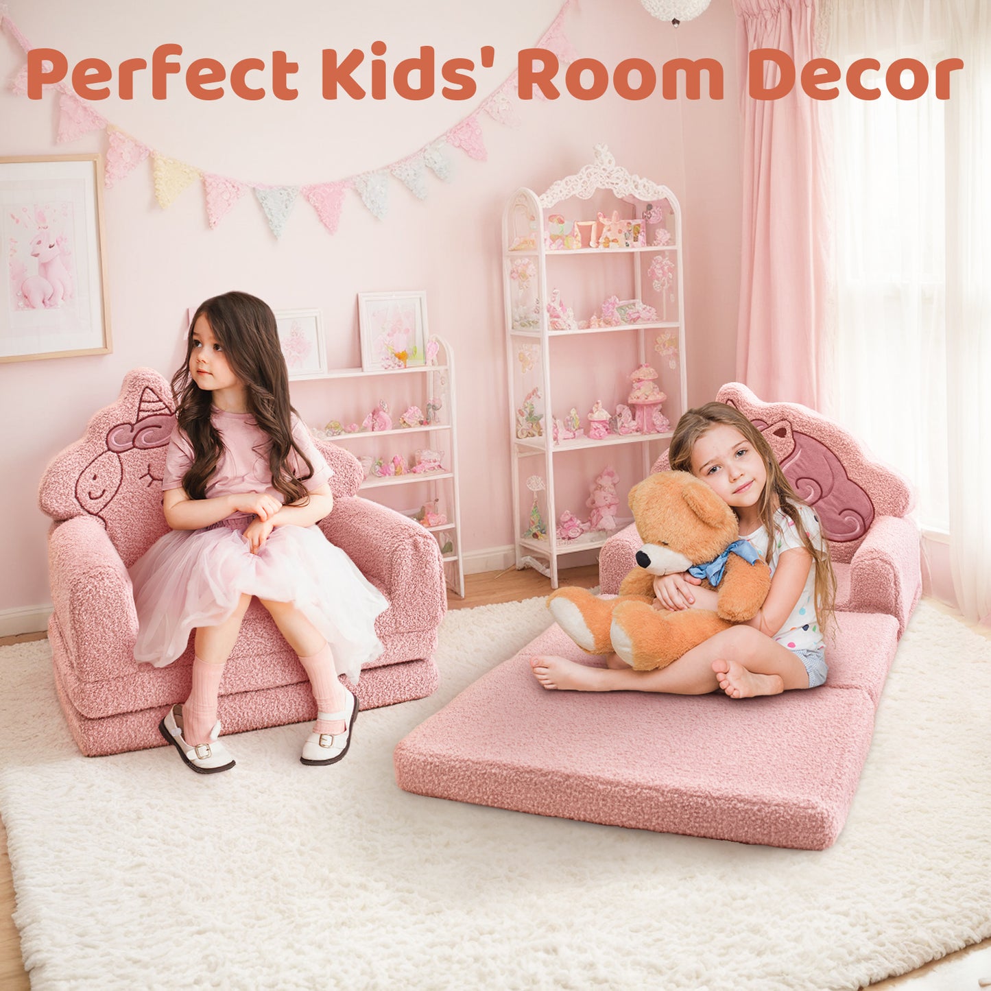Beavtaens Toddler Couch, 2-in-1 Kids Comfy Chair with Teddy Fleece, Pink Toddler Fold Out Couch with Cute Unicorn Designs, Soft Sofa Bed for Kids
