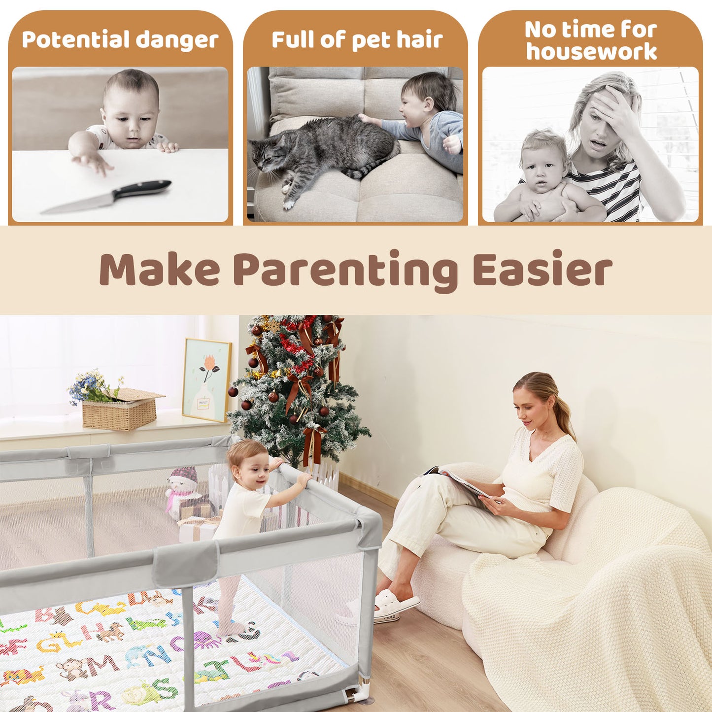 Beavtaens Baby Play Yard with Mat, 50"x50" Playpen for Babies and Toddlers, Safe and Non-Slip Baby Play Area with Zippered Door and Carrying Bag, Infant Travel Fence with Visible Mesh