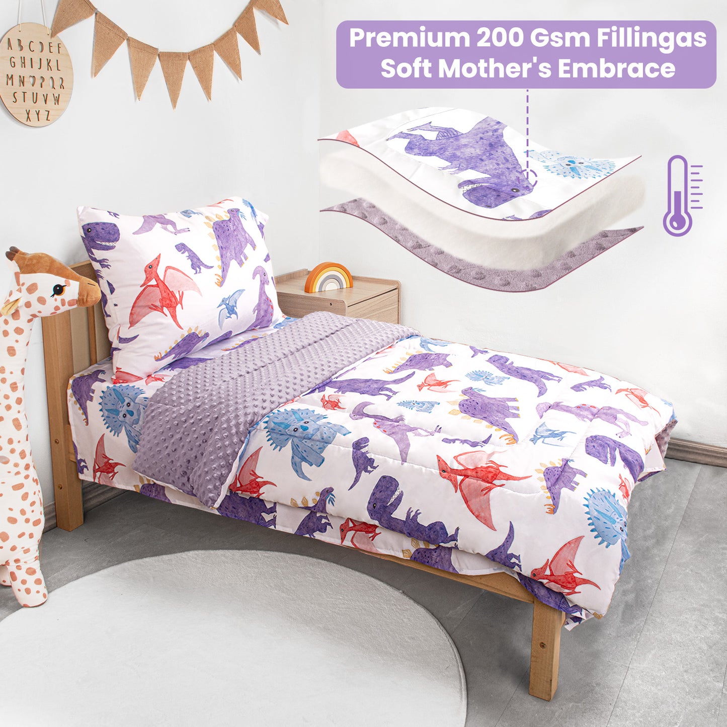 Baby Crib Bedding Set for Boy Girls, 4-Piece, Includes Pillowcase, Crib Sheet, Quilt, and Crib Fitted Sheet (Purple Dinosaur)