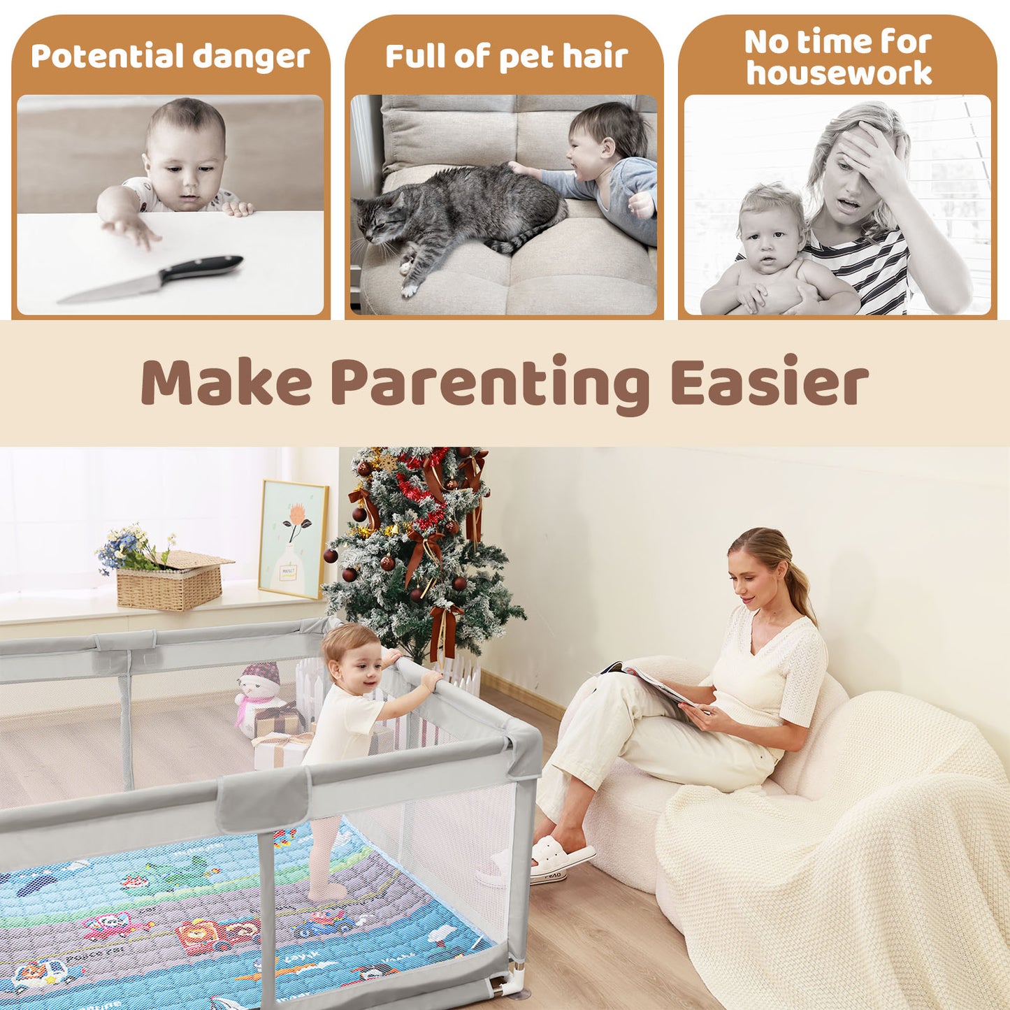 Beavtaens Baby Play Yard with Mat, 50"x50" Playpen for Babies and Toddlers, Safe and Non-Slip Baby Play Area with Zippered Door and Carrying Bag, Infant Travel Fence with Visible Mesh