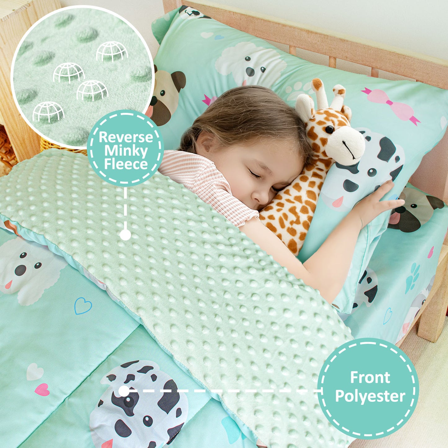 Baby Crib Bedding Set for Boy Girls, 4-Piece, Includes Pillowcase, Crib Sheet, Quilt, and Crib Fitted Sheet (Green Puppies)