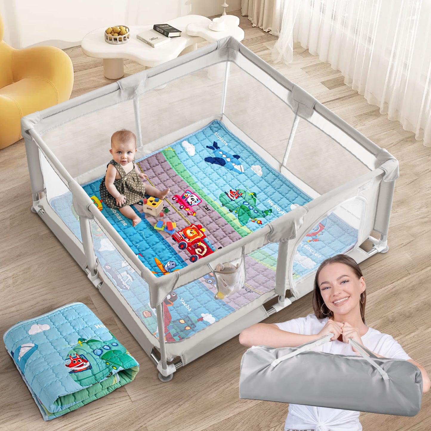 Beavtaens Baby Play Yard with Mat, 50"x50" Playpen for Babies and Toddlers, Safe and Non-Slip Baby Play Area with Zippered Door and Carrying Bag, Infant Travel Fence with Visible Mesh