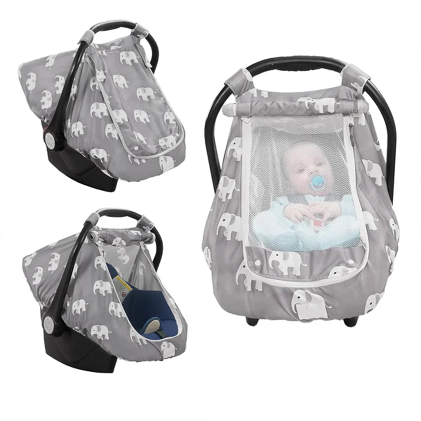 Beavtaens Car Seat Covers for Babies, Large Window Baby Car Seat Covers, Stretchy Carseat Canopy with Breathable Peekaboo, Kick-Proof & Windproof Infant Carseat Cover for Boys Girls (Elephants)