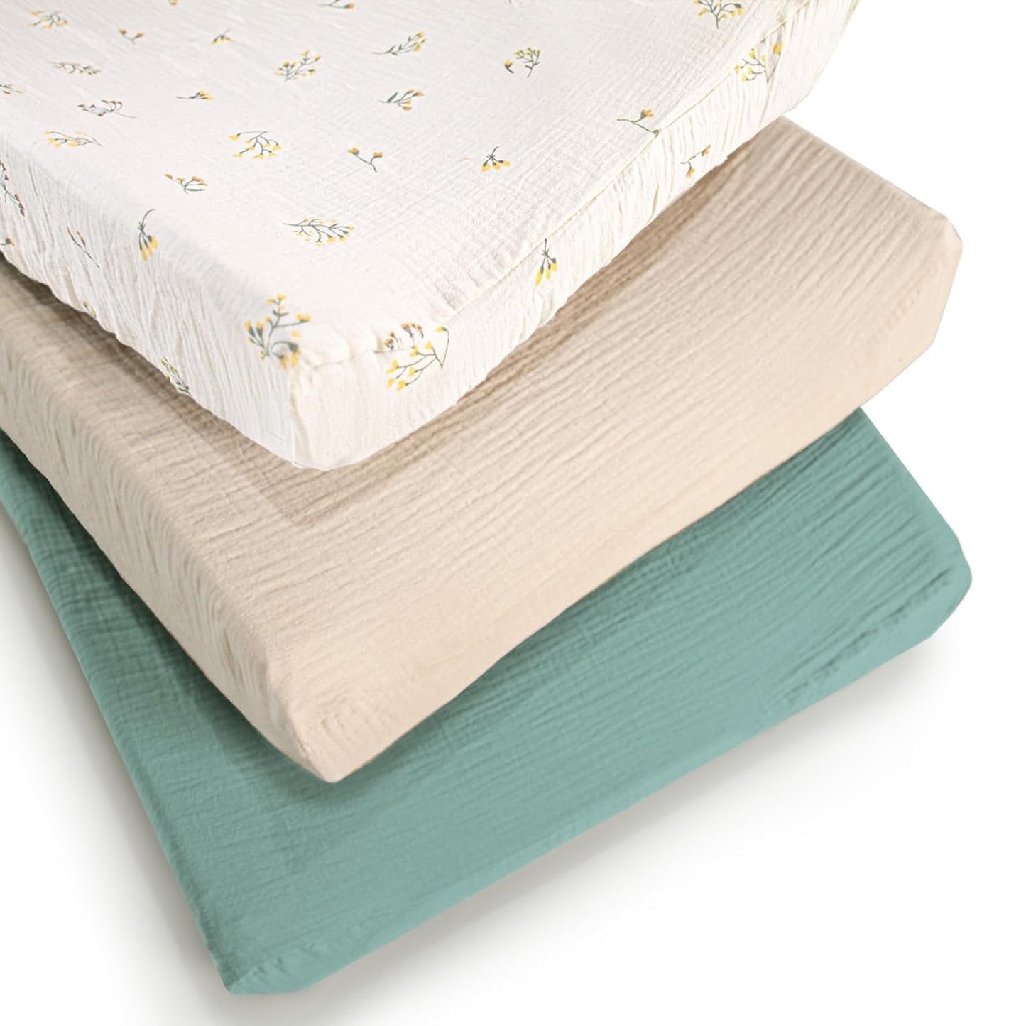 Beavtaens Muslin Changing Pad Cover, Solid Color, 100% Cotton, Washable, 3-Pack, for 0-2 Years Infant Boys Girls (Flowers)