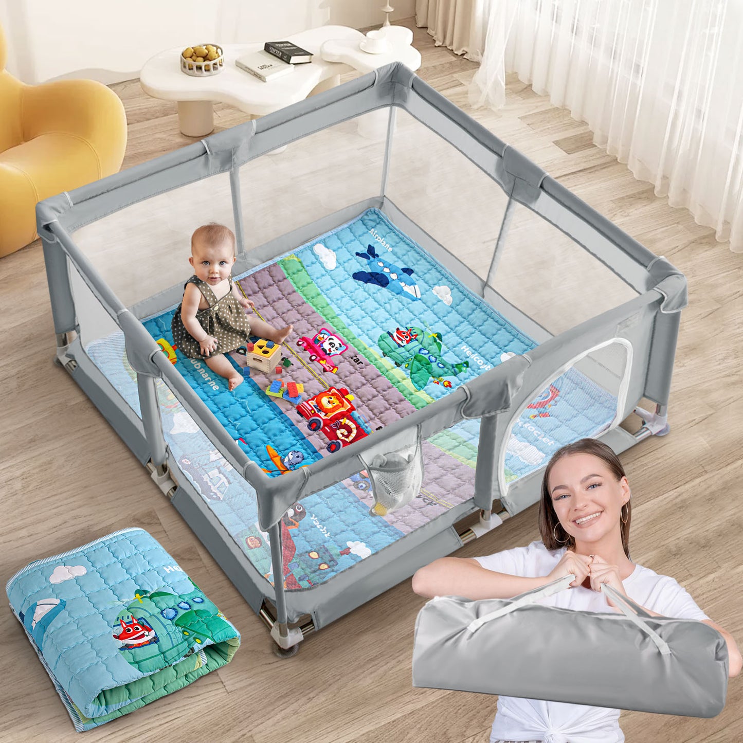 Beavtaens Baby Play Yard with Mat, 50"x50" Playpen for Babies and Toddlers, Safe and Non-Slip Baby Play Area with Zippered Door and Carrying Bag, Infant Travel Fence with Visible Mesh