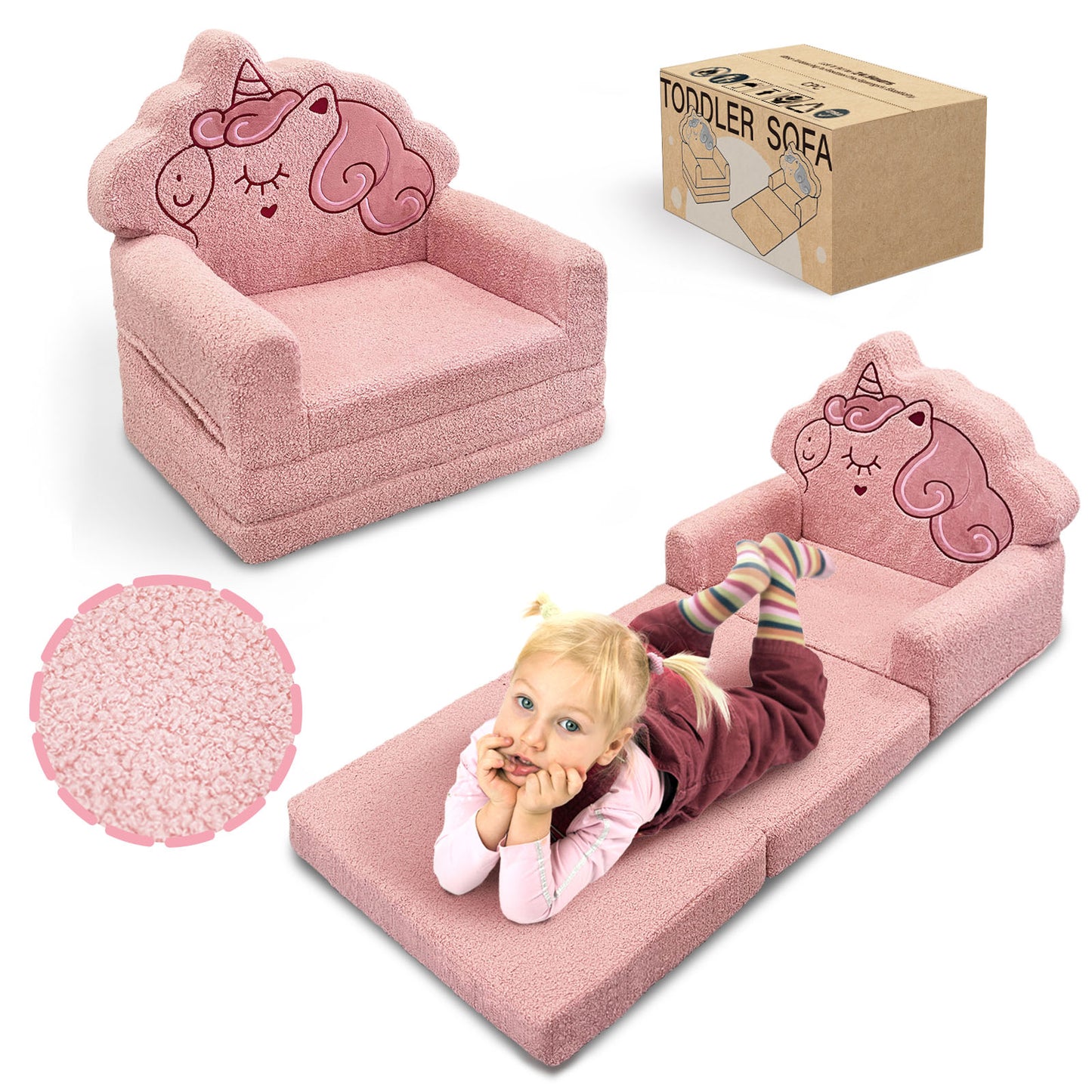 Beavtaens Toddler Couch, 2-in-1 Kids Comfy Chair with Teddy Fleece, Pink Toddler Fold Out Couch with Cute Unicorn Designs, Soft Sofa Bed for Kids
