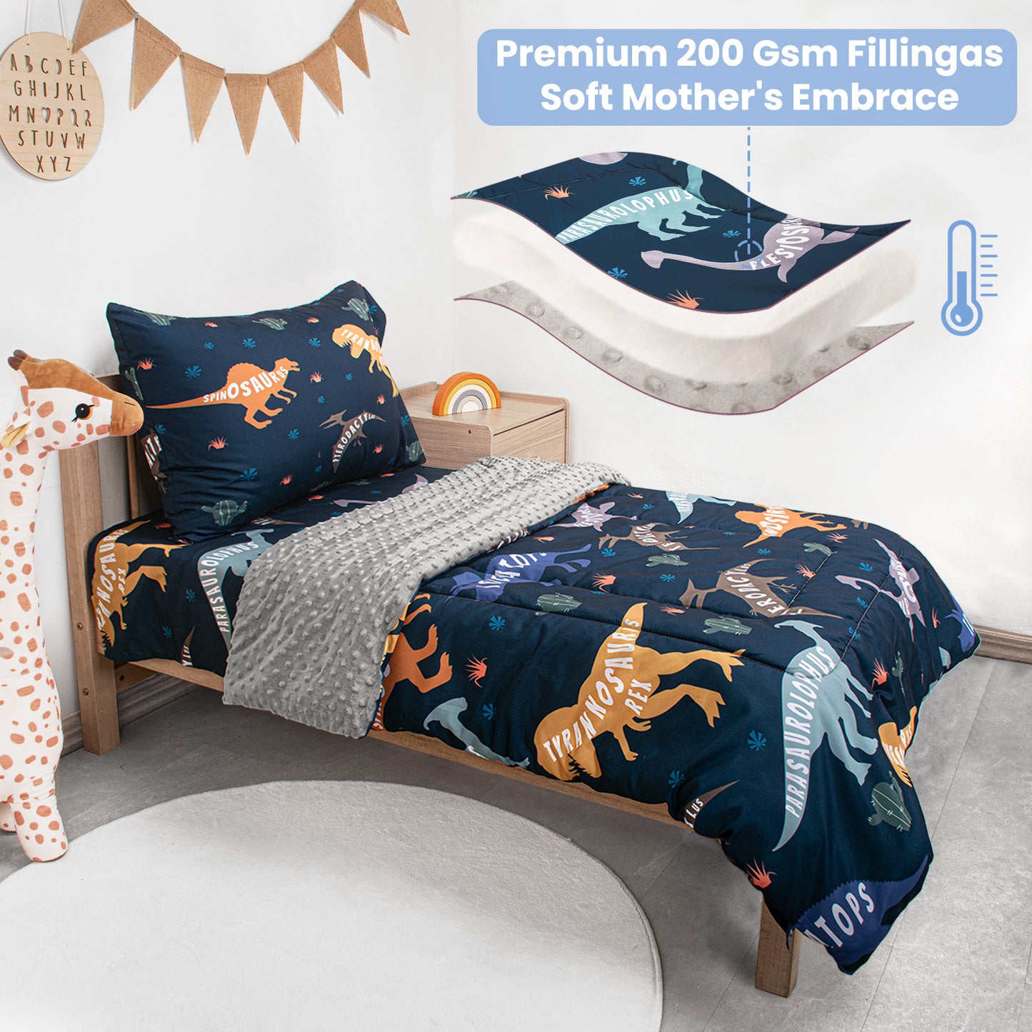 Baby Crib Bedding Set for Boy Girls, 4-Piece, Includes Pillowcase, Crib Sheet, Quilt, and Crib Fitted Sheet (Blue Dinosaur)