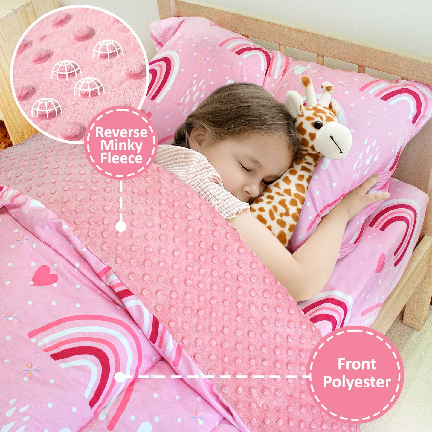 Baby Crib Bedding Set for Boy Girls, 4-Piece, Includes Pillowcase, Crib Sheet, Quilt, and Crib Fitted Sheet (Pink Rainbow)
