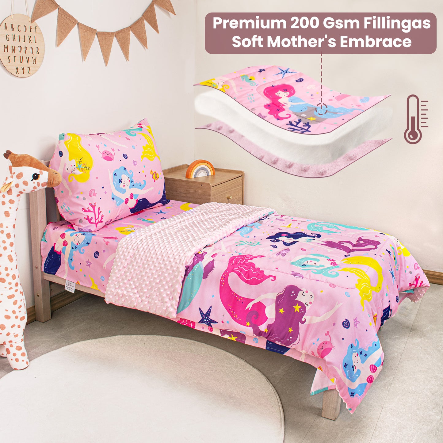 Baby Crib Bedding Set for Boy Girls, 4-Piece, Includes Pillowcase, Crib Sheet, Quilt, and Crib Fitted Sheet (Mermaid)