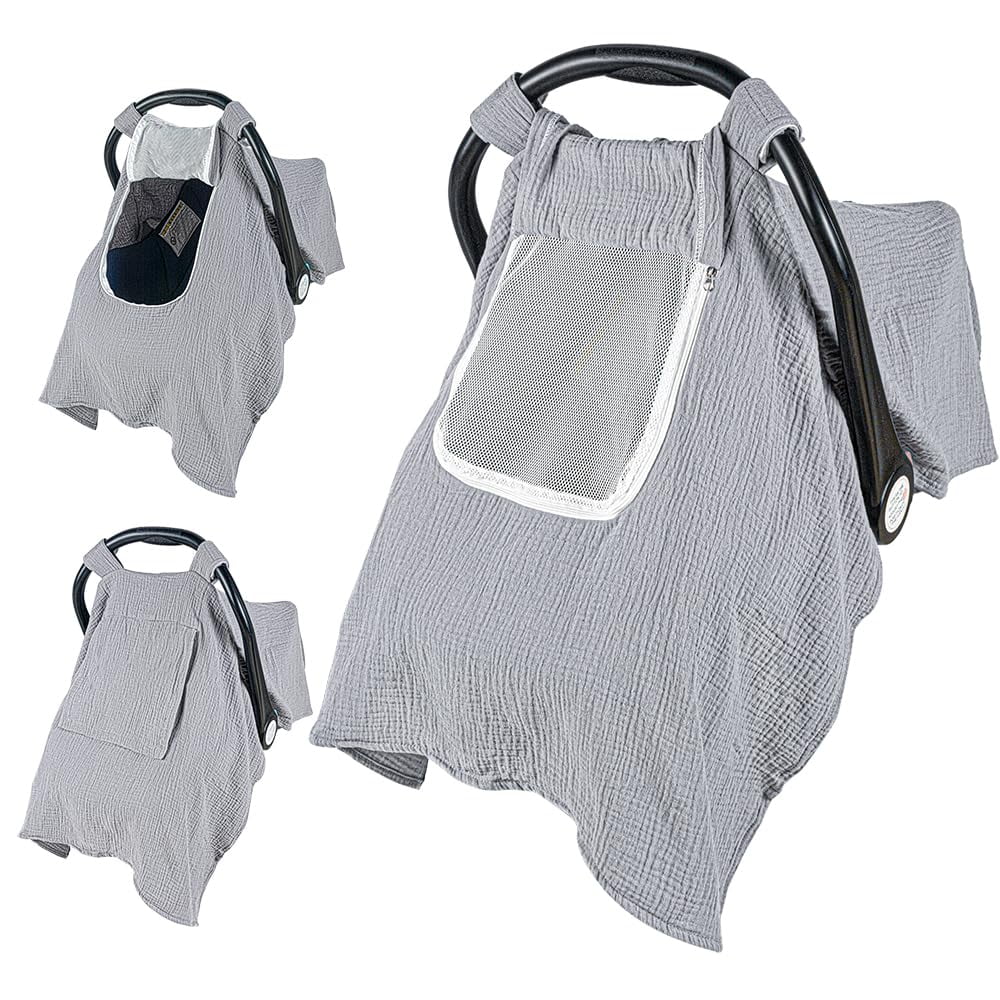 Beavtaens Baby Car Seat Cover, Muslin Infant Carseat Canopy with Breathable Mesh Peep Window & Pocket, Kick-Proof, for Boys Girls (Grey)
