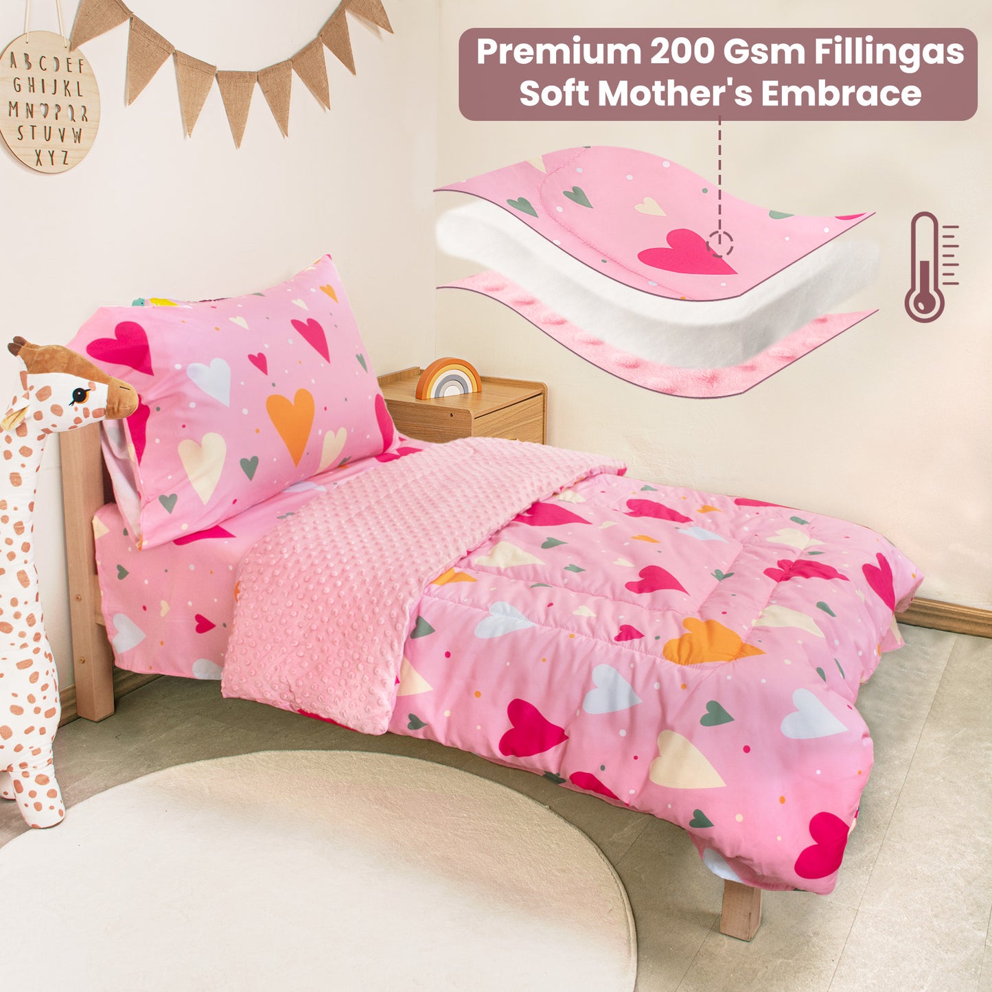 Baby Crib Bedding Set for Boy Girls, 4-Piece, Includes Pillowcase, Crib Sheet, Quilt, and Crib Fitted Sheet (Hearts)