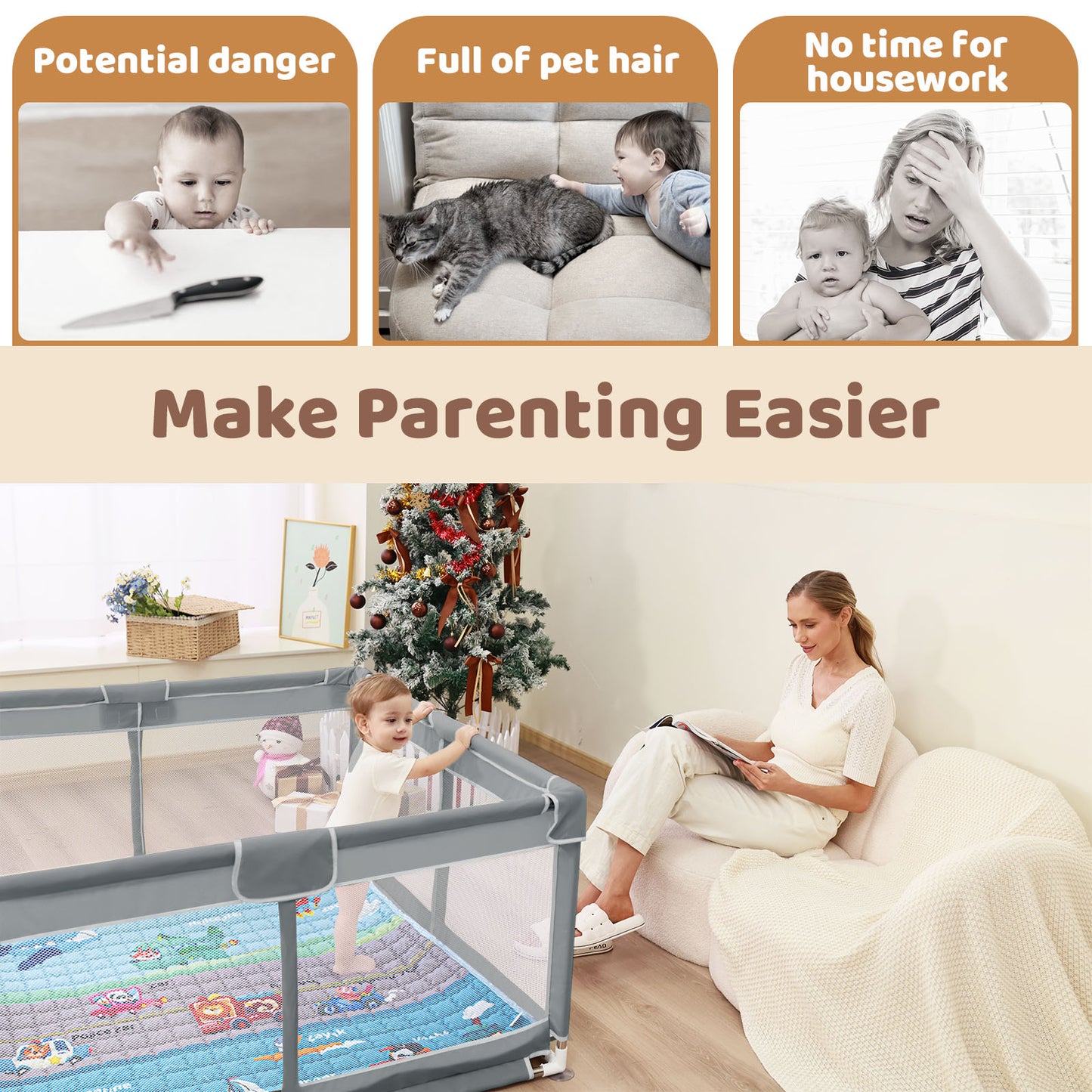 Beavtaens Baby Play Yard with Mat, 50"x50" Playpen for Babies and Toddlers, Safe and Non-Slip Baby Play Area with Zippered Door and Carrying Bag, Infant Travel Fence with Visible Mesh