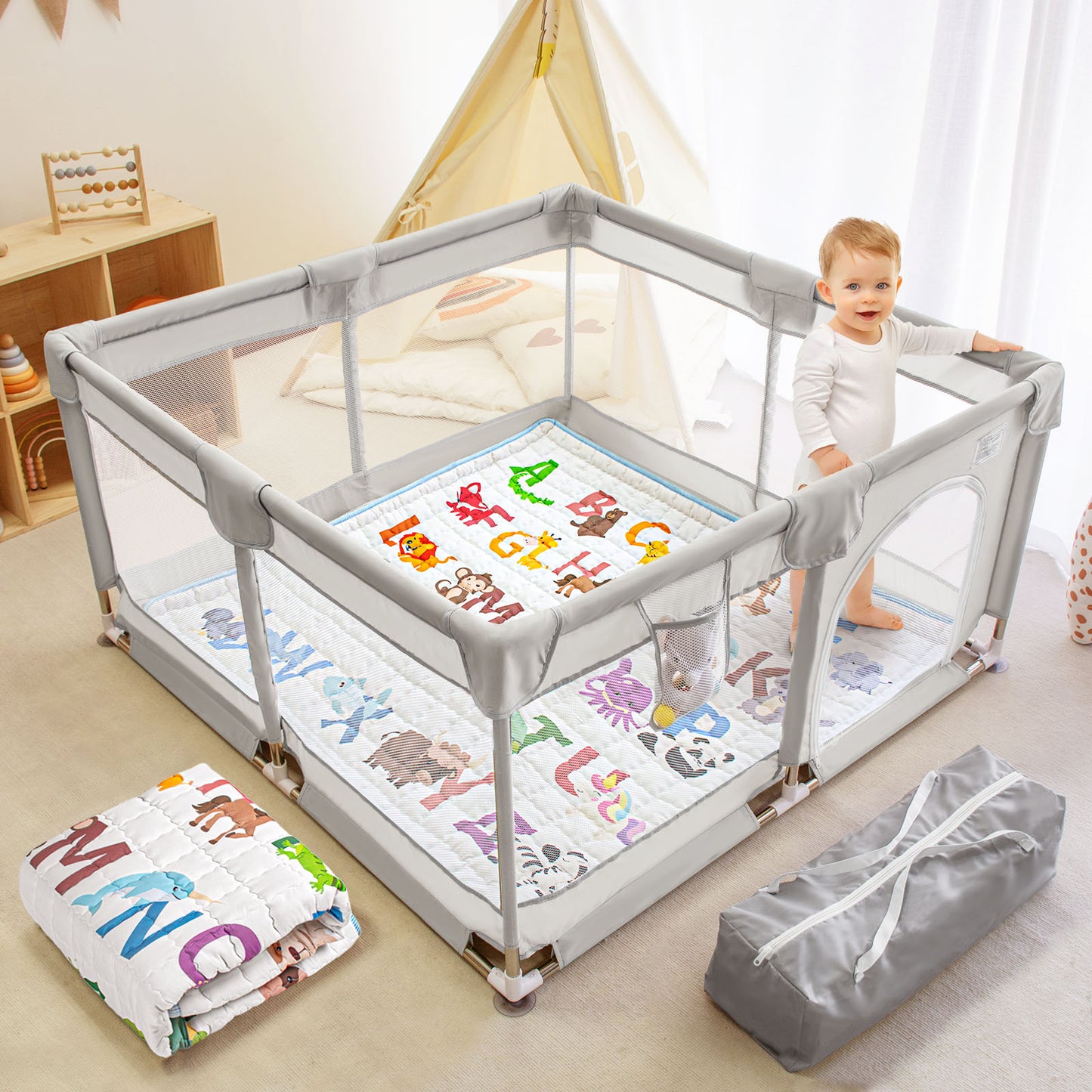 Beavtaens Baby Play Yard with Mat, 50"x50" Playpen for Babies and Toddlers, Safe and Non-Slip Baby Play Area with Zippered Door and Carrying Bag, Infant Travel Fence with Visible Mesh