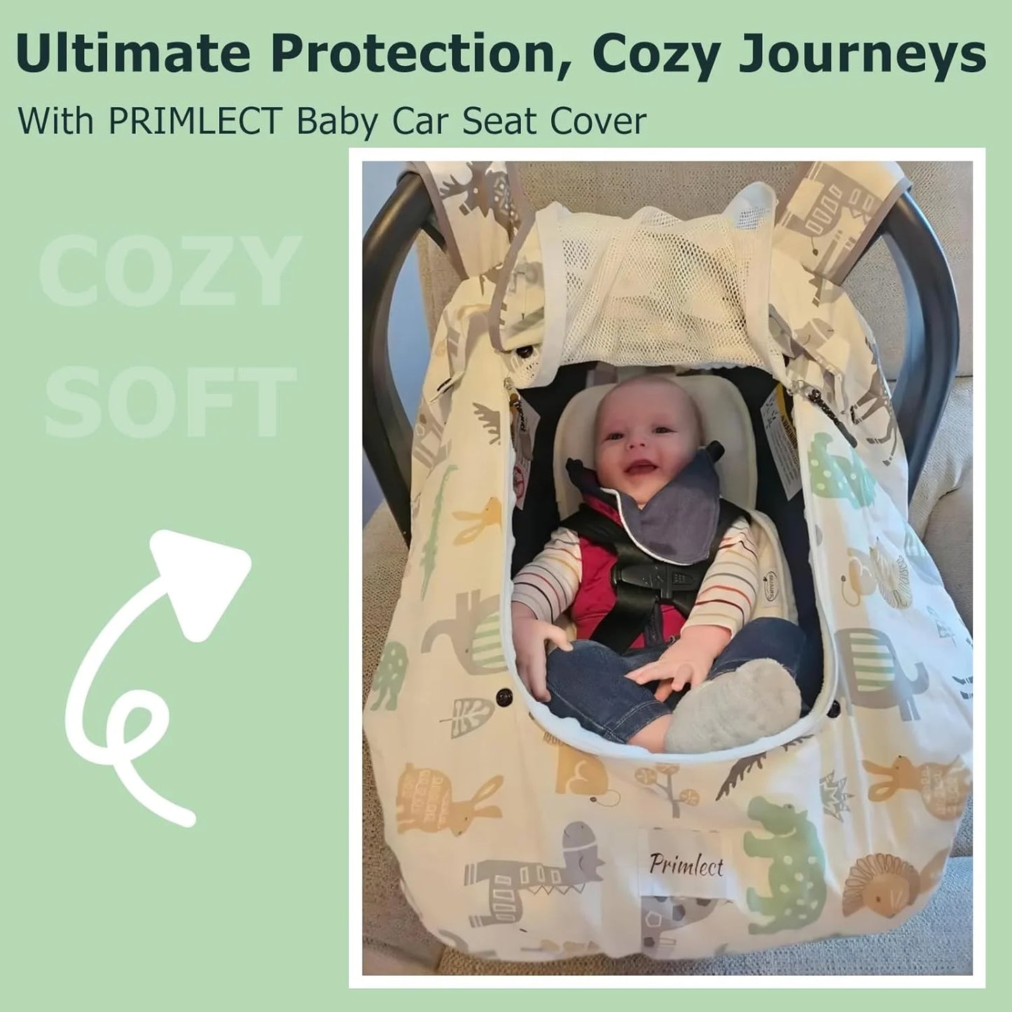 Beavtaens 3-in-1 Breathable Winter Baby Car Seat Cover with Storage Bag (White Animals)