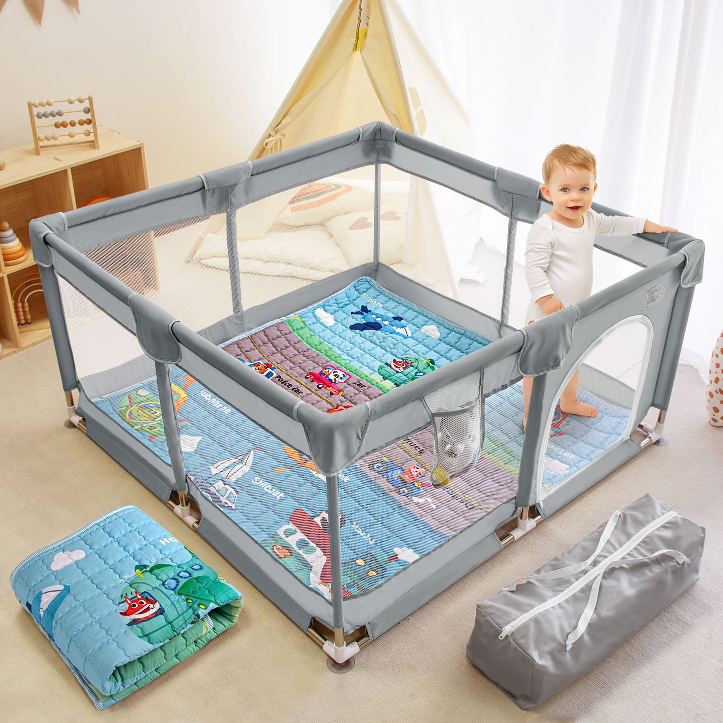 Beavtaens Baby Play Yard with Mat, 50"x50" Playpen for Babies and Toddlers, Safe and Non-Slip Baby Play Area with Zippered Door and Carrying Bag, Infant Travel Fence with Visible Mesh