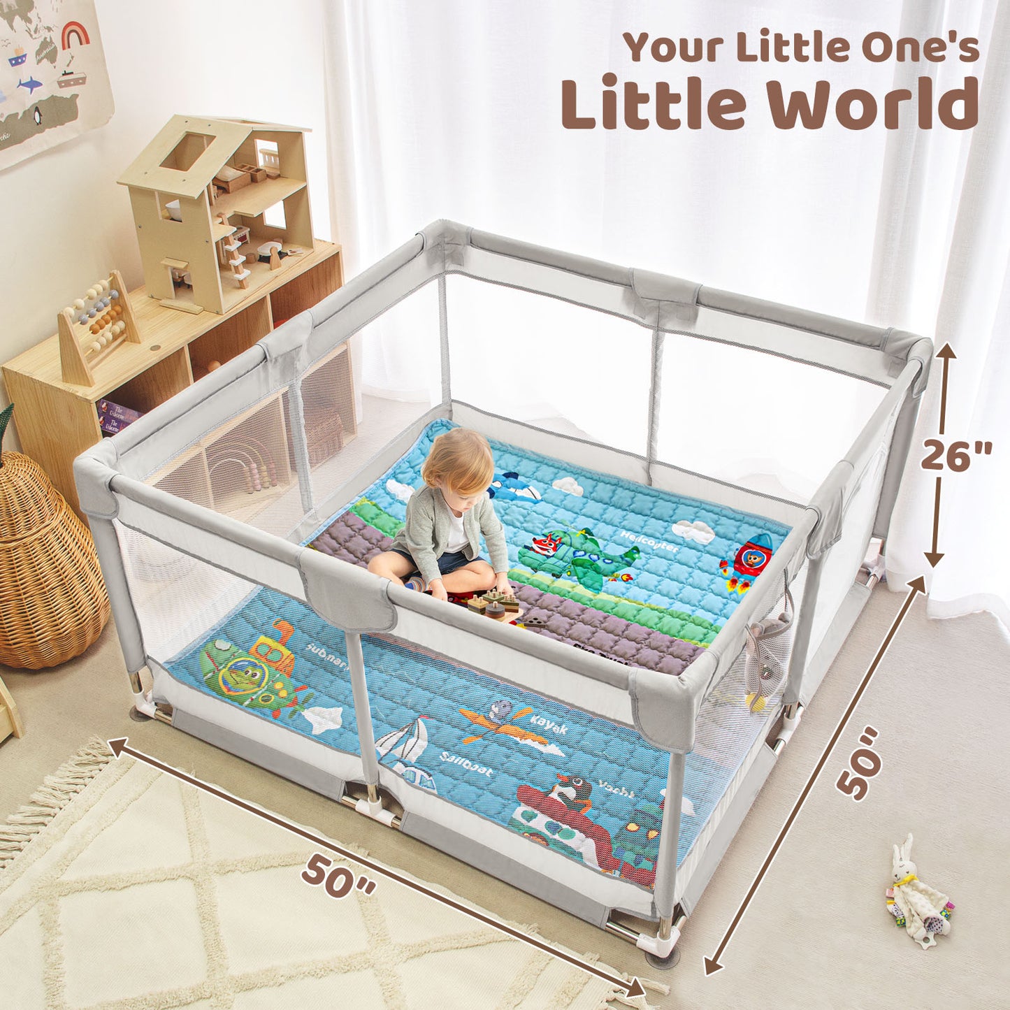 Beavtaens Baby Play Yard with Mat, 50"x50" Playpen for Babies and Toddlers, Safe and Non-Slip Baby Play Area with Zippered Door and Carrying Bag, Infant Travel Fence with Visible Mesh