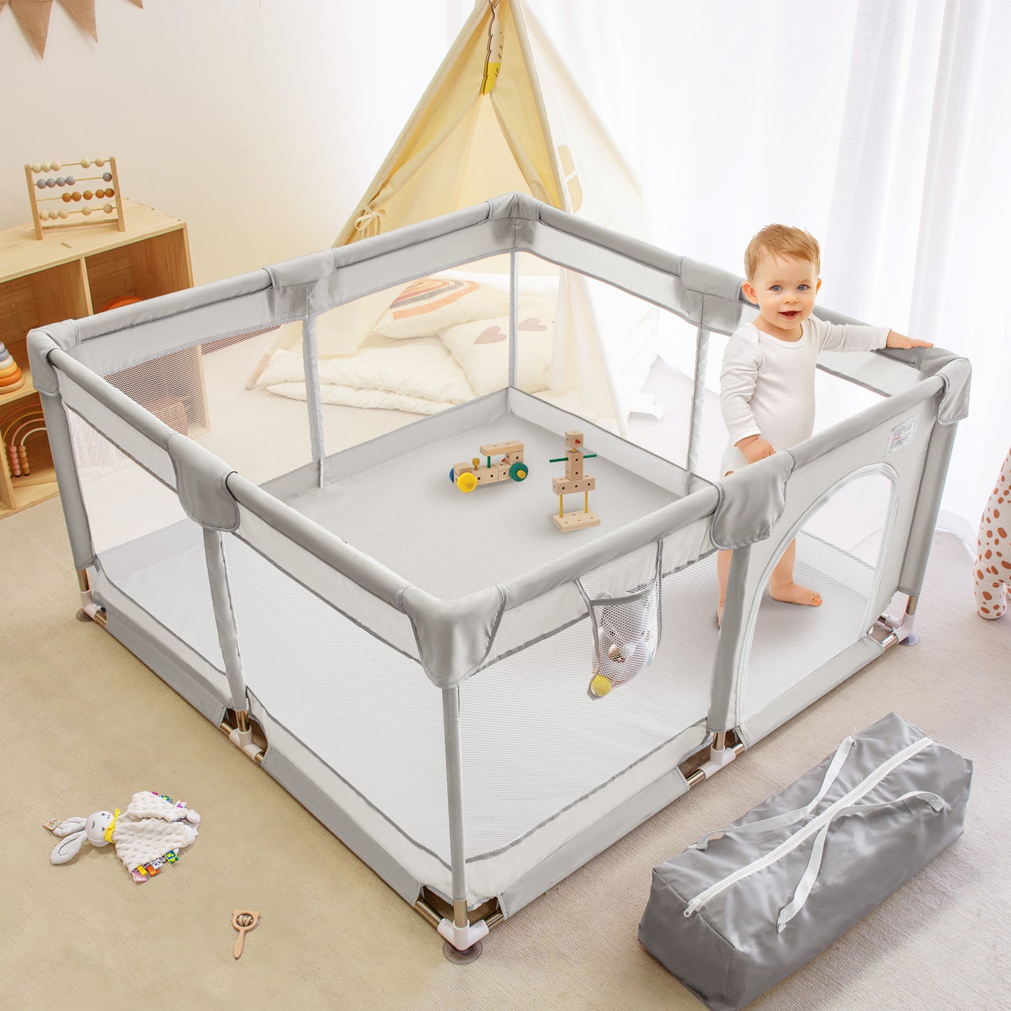 Beavtaens Baby Play Yard, 50"x50" Playpen for Babies and Toddlers, Safe and Non-Slip Baby Play Area with Zippered Door and Carrying Bag, Infant Travel Fence with Visible Mesh (Light Gray)