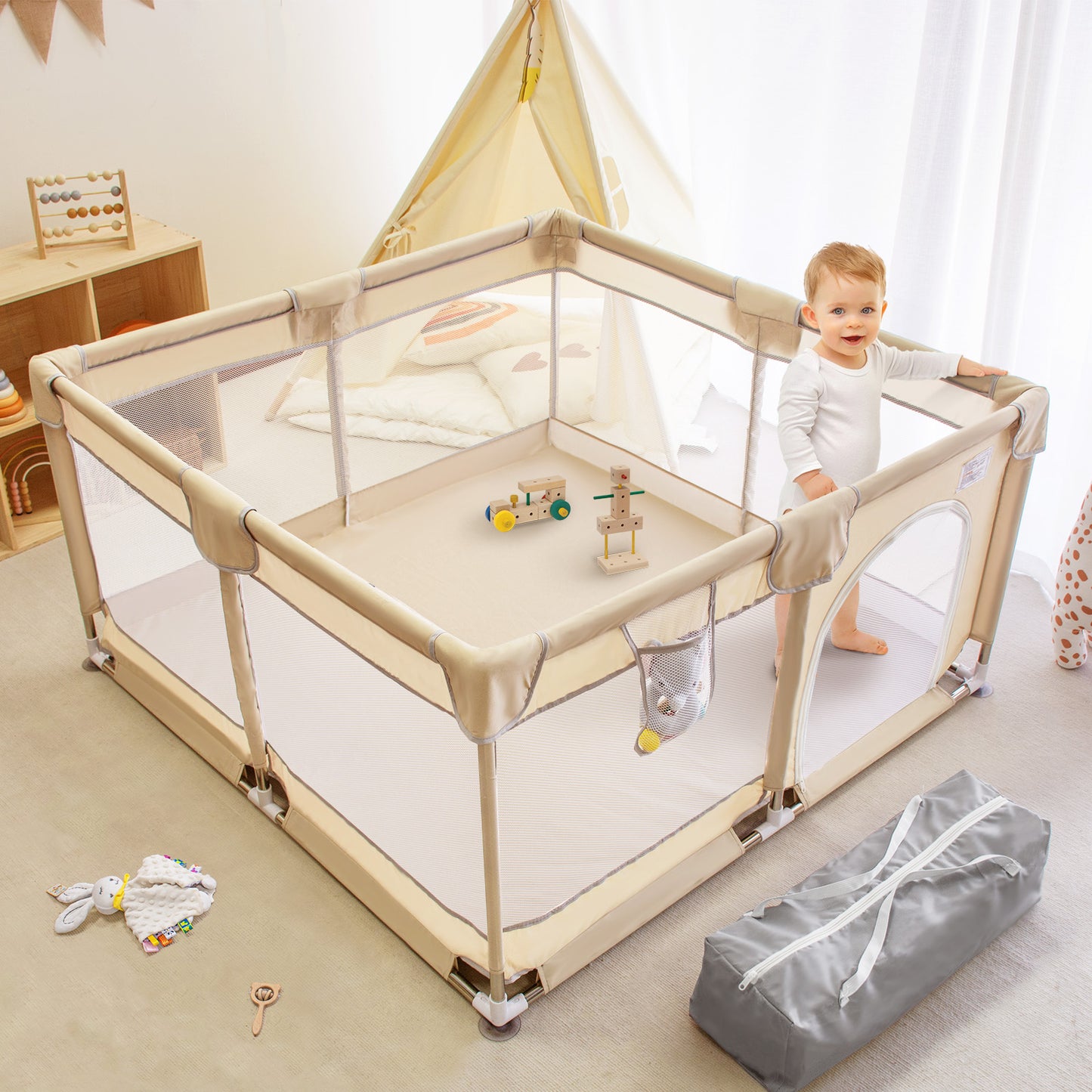 Beavtaens Baby Play Yard, 50"x50" Playpen for Babies and Toddlers, Safe and Non-Slip Baby Play Area with Zippered Door and Carrying Bag, Infant Travel Fence with Visible Mesh (Beige)