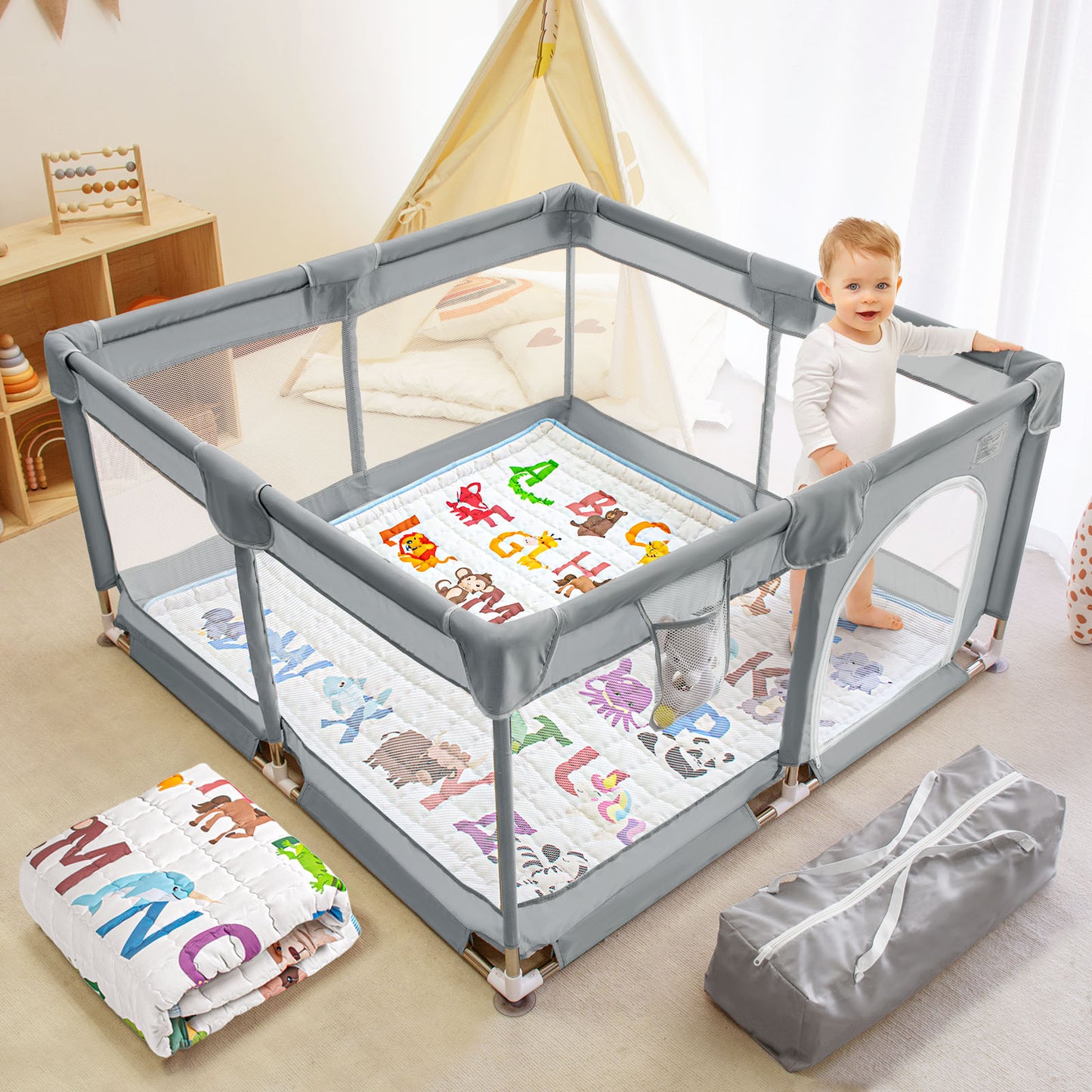 Beavtaens Baby Play Yard with Mat, 50"x50" Playpen for Babies and Toddlers, Safe and Non-Slip Baby Play Area with Zippered Door and Carrying Bag, Infant Travel Fence with Visible Mesh