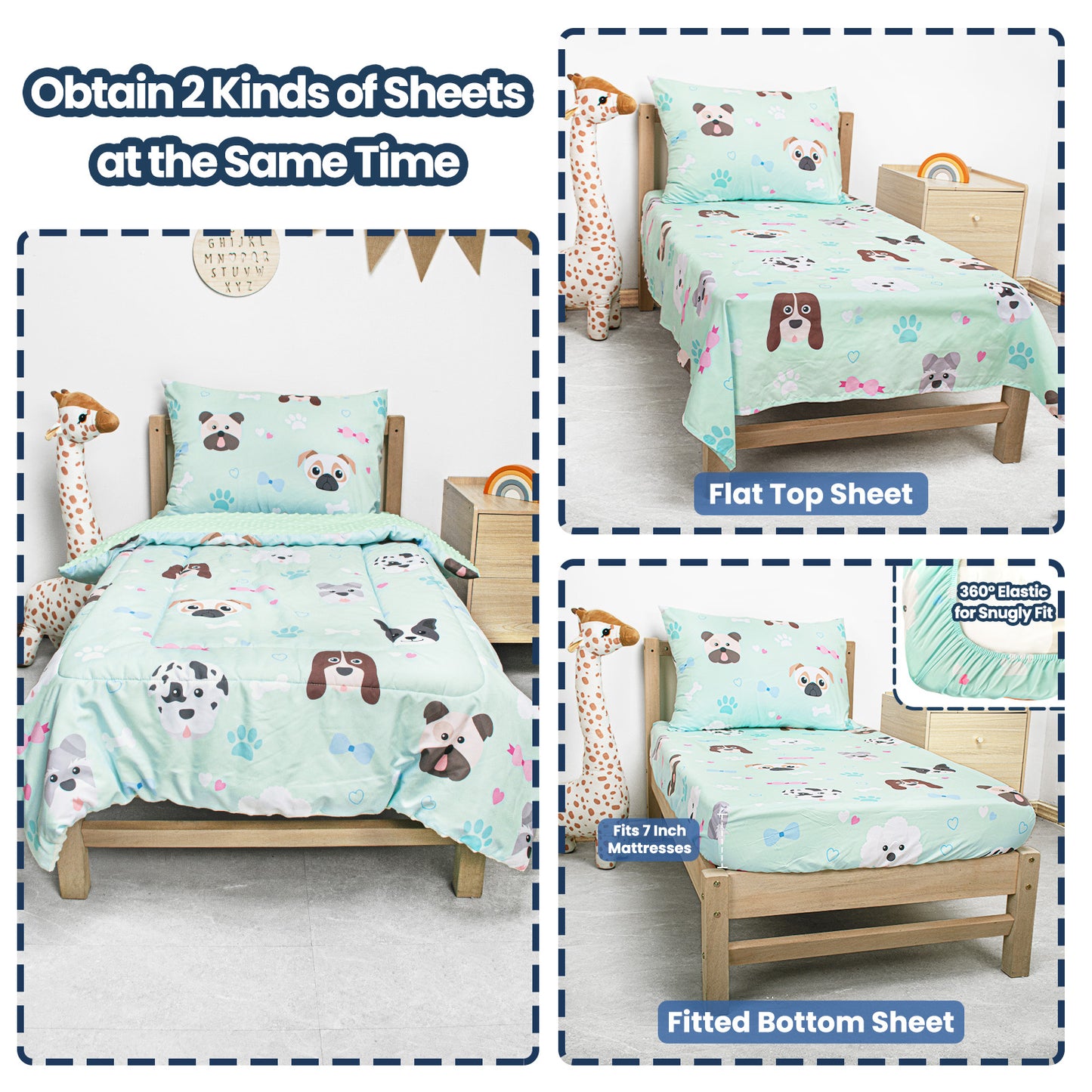 Baby Crib Bedding Set for Boy Girls, 4-Piece, Includes Pillowcase, Crib Sheet, Quilt, and Crib Fitted Sheet (Green Puppies)