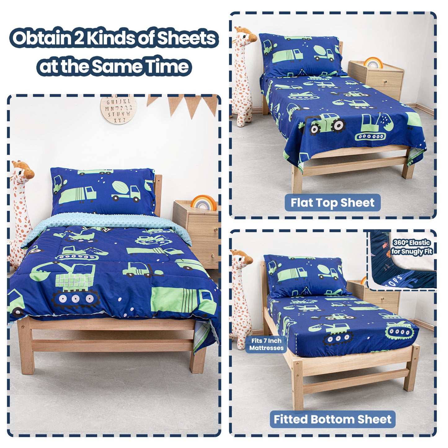 Baby Crib Bedding Set for Boy Girls, 4-Piece, Includes Pillowcase, Crib Sheet, Quilt, and Crib Fitted Sheet (Green Cars)