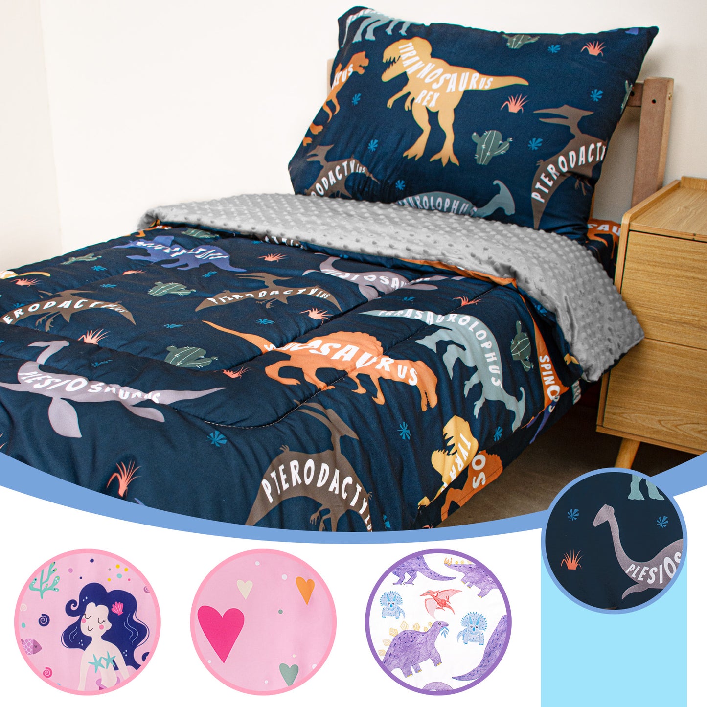 Baby Crib Bedding Set for Boy Girls, 4-Piece, Includes Pillowcase, Crib Sheet, Quilt, and Crib Fitted Sheet (Blue Dinosaur)