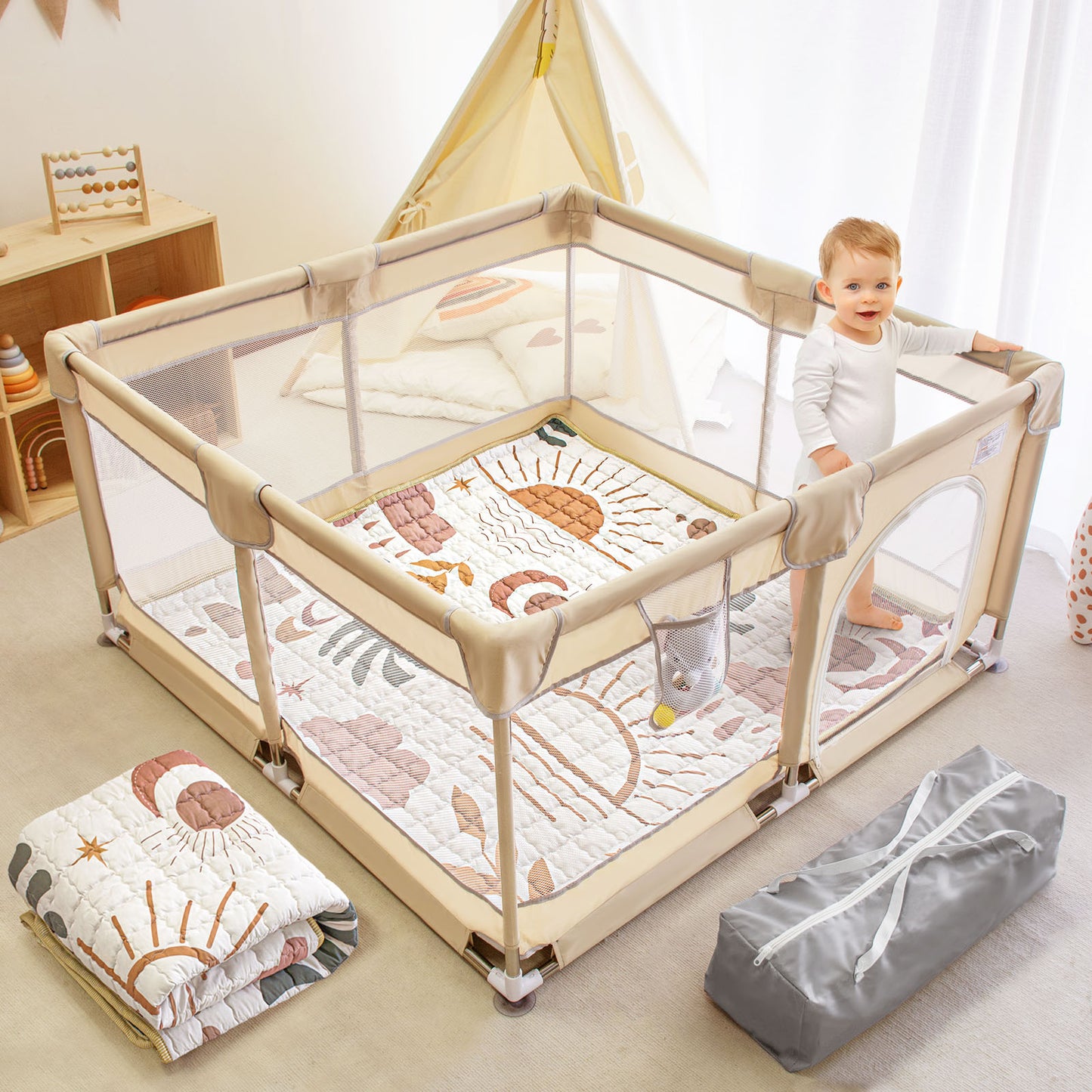 Beavtaens Baby Play Yard with Mat, 50"x50" Playpen for Babies and Toddlers, Safe and Non-Slip Baby Play Area with Zippered Door and Carrying Bag, Infant Travel Fence with Visible Mesh