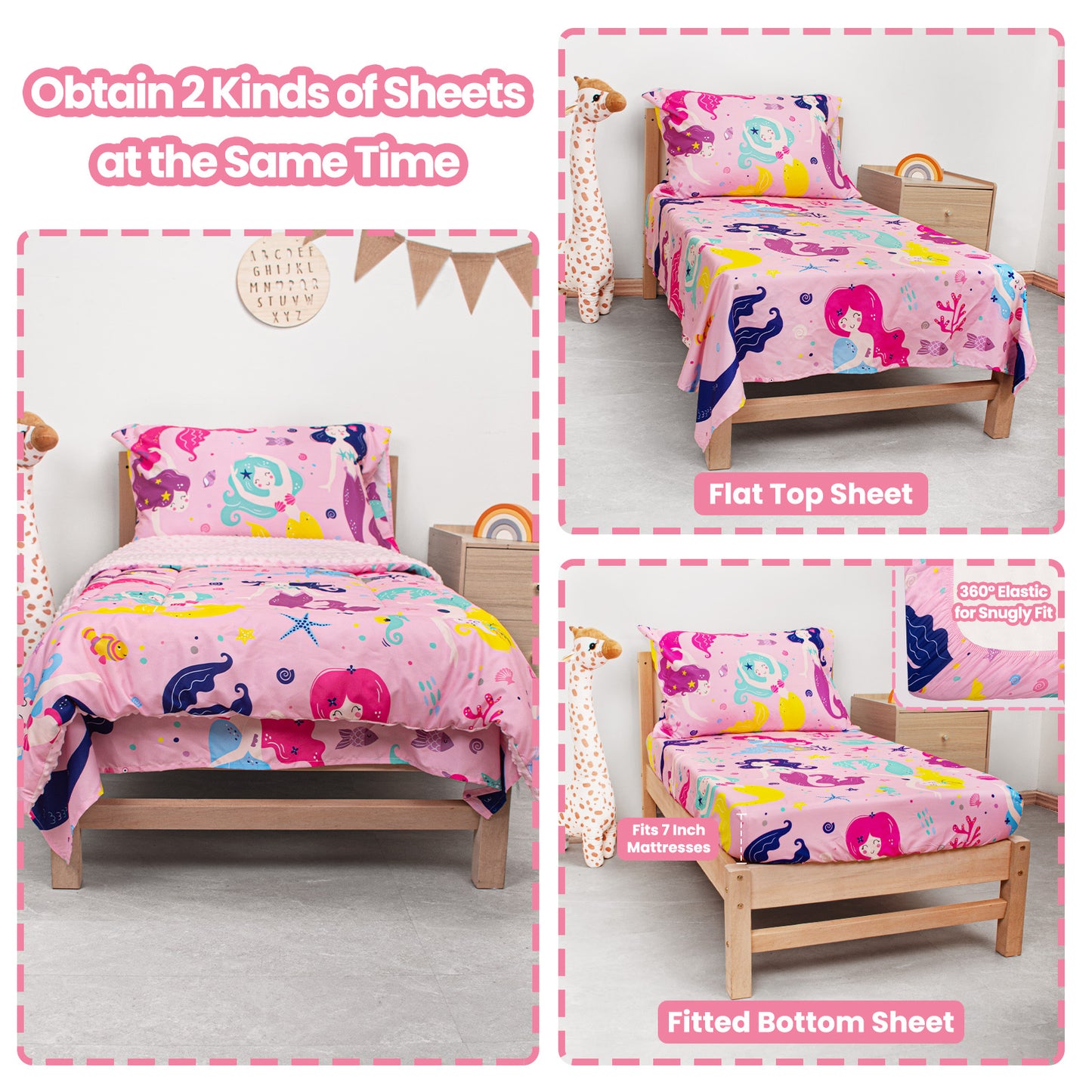 Baby Crib Bedding Set for Boy Girls, 4-Piece, Includes Pillowcase, Crib Sheet, Quilt, and Crib Fitted Sheet (Mermaid)