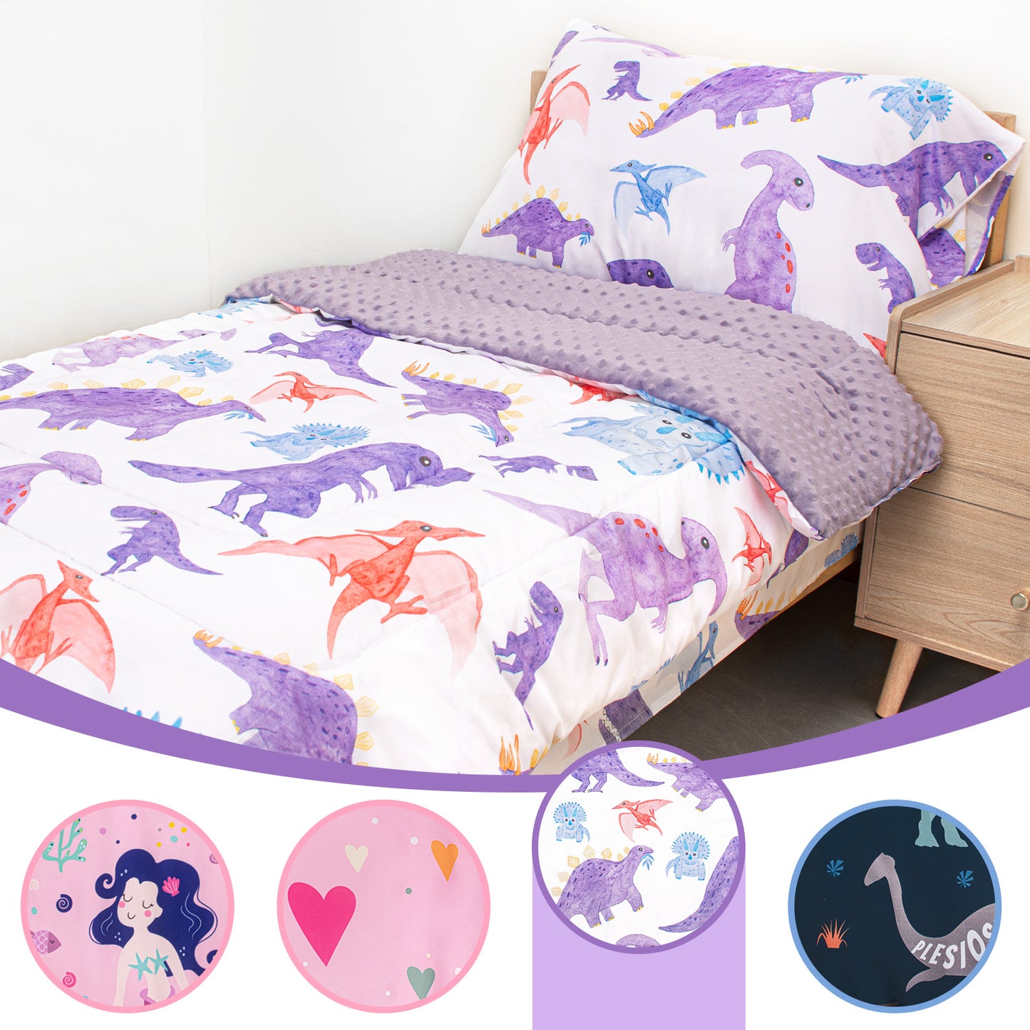 Baby Crib Bedding Set for Boy Girls, 4-Piece, Includes Pillowcase, Crib Sheet, Quilt, and Crib Fitted Sheet (Purple Dinosaur)