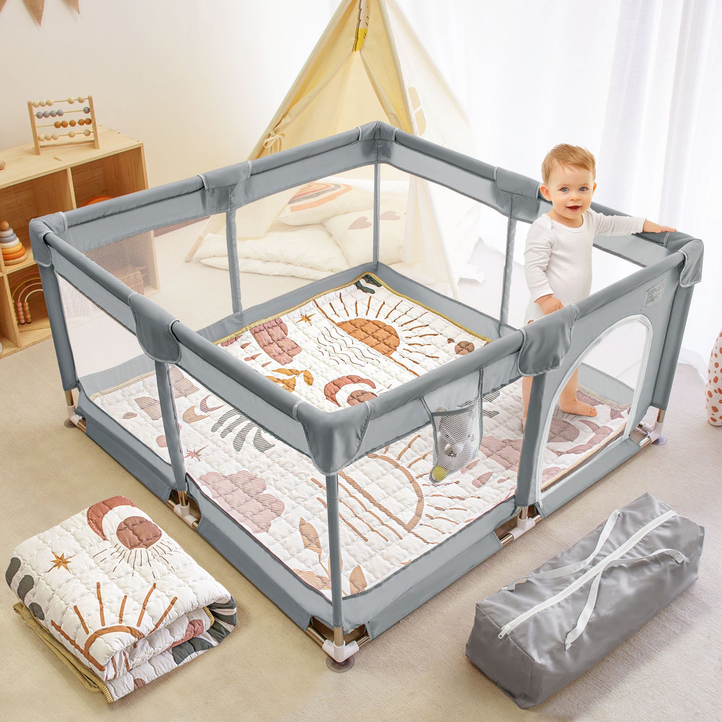 Beavtaens Baby Play Yard with Mat, 50"x50" Playpen for Babies and Toddlers, Safe and Non-Slip Baby Play Area with Zippered Door and Carrying Bag, Infant Travel Fence with Visible Mesh