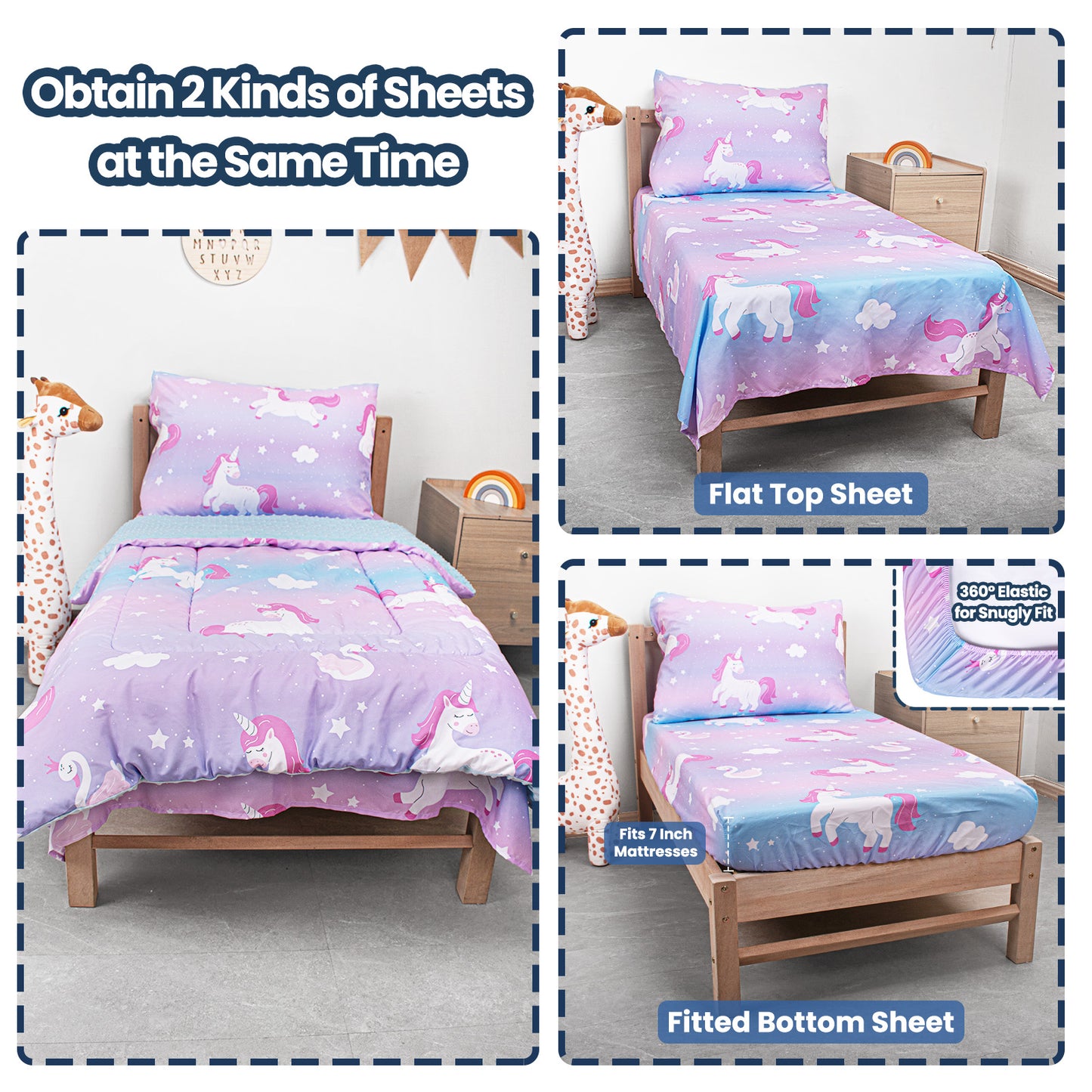 Baby Crib Bedding Set for Boy Girls, 4-Piece, Includes Pillowcase, Crib Sheet, Quilt, and Crib Fitted Sheet (Unicorn)