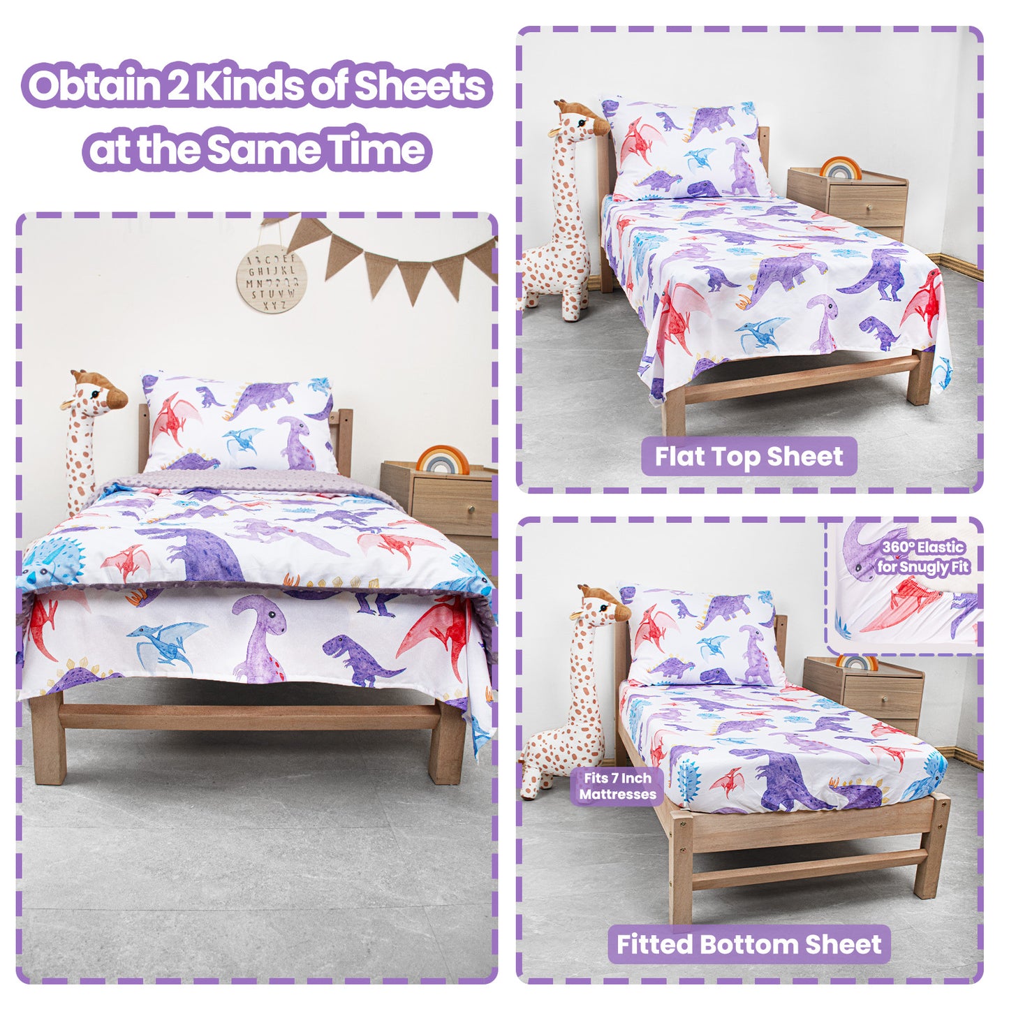 Baby Crib Bedding Set for Boy Girls, 4-Piece, Includes Pillowcase, Crib Sheet, Quilt, and Crib Fitted Sheet (Purple Dinosaur)