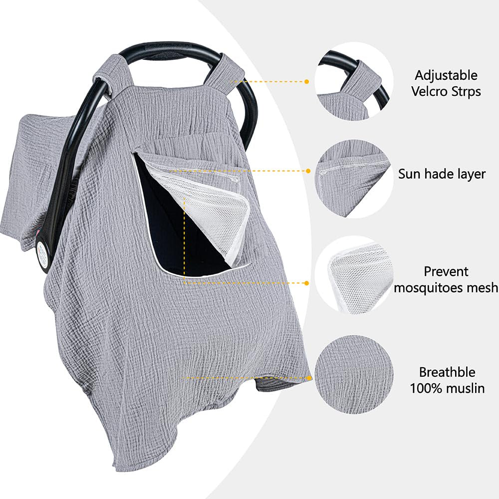 Beavtaens Baby Car Seat Cover, Muslin Infant Carseat Canopy with Breathable Mesh Peep Window & Pocket, Kick-Proof, for Boys Girls (Grey)