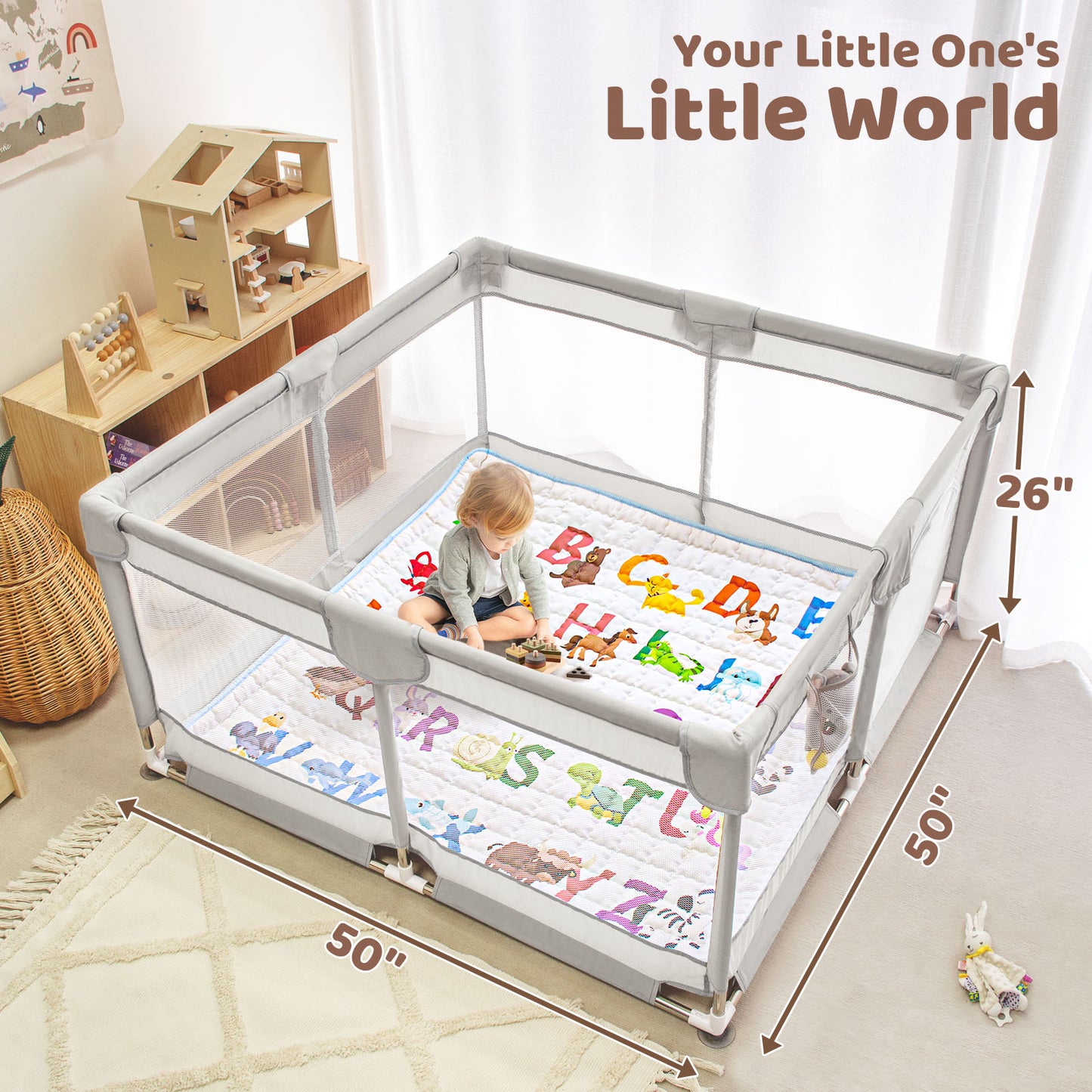 Beavtaens Baby Play Yard with Mat, 50"x50" Playpen for Babies and Toddlers, Safe and Non-Slip Baby Play Area with Zippered Door and Carrying Bag, Infant Travel Fence with Visible Mesh