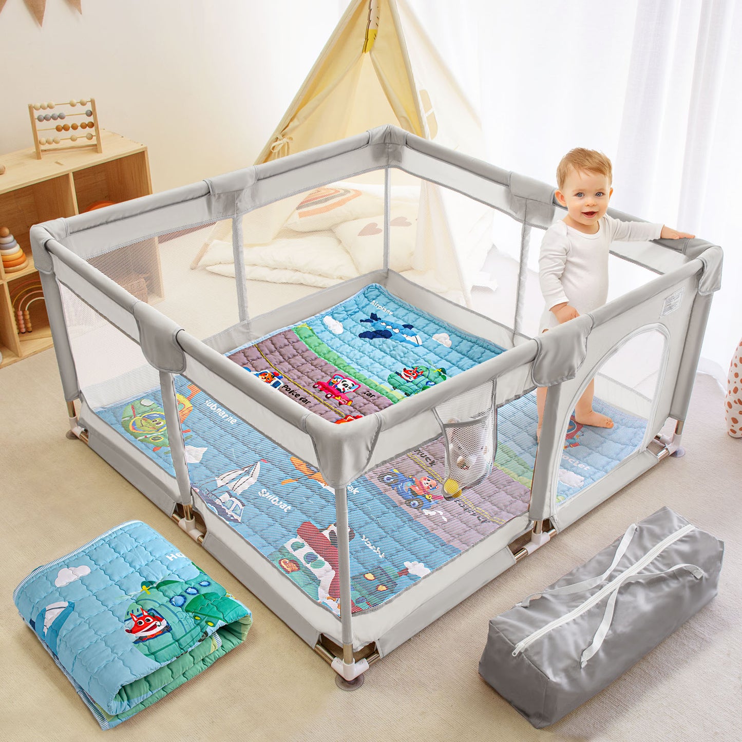 Beavtaens Baby Play Yard with Mat, 50"x50" Playpen for Babies and Toddlers, Safe and Non-Slip Baby Play Area with Zippered Door and Carrying Bag, Infant Travel Fence with Visible Mesh