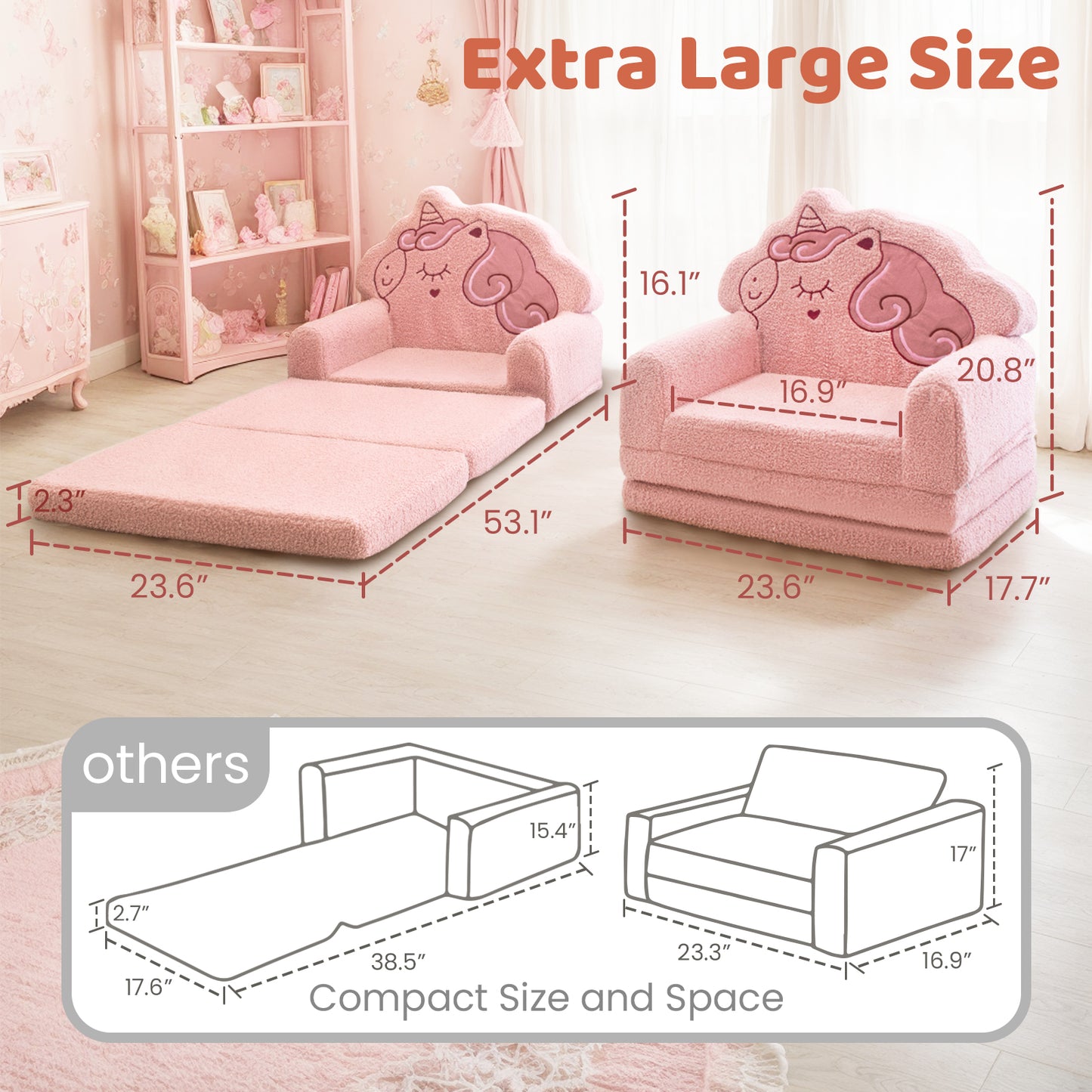 Beavtaens Toddler Couch, 2-in-1 Kids Comfy Chair with Teddy Fleece, Pink Toddler Fold Out Couch with Cute Unicorn Designs, Soft Sofa Bed for Kids