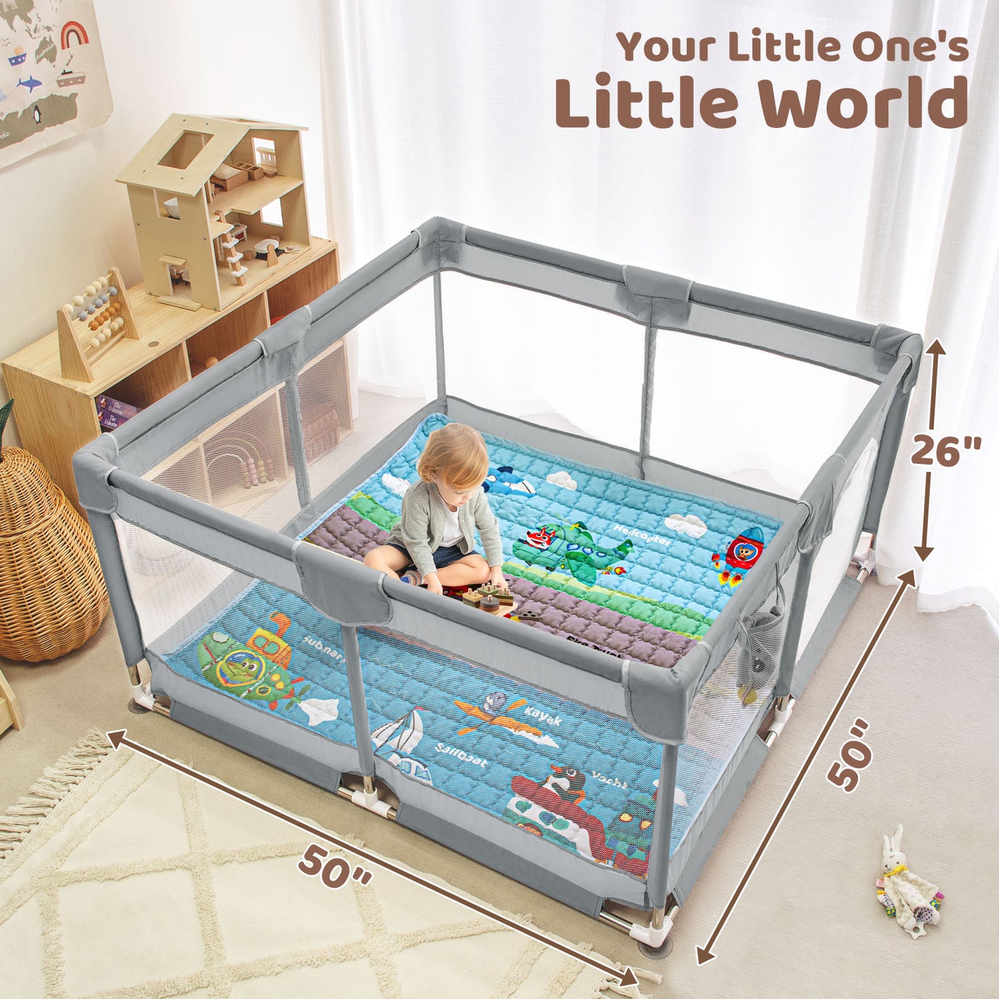 Beavtaens Baby Play Yard with Mat, 50"x50" Playpen for Babies and Toddlers, Safe and Non-Slip Baby Play Area with Zippered Door and Carrying Bag, Infant Travel Fence with Visible Mesh