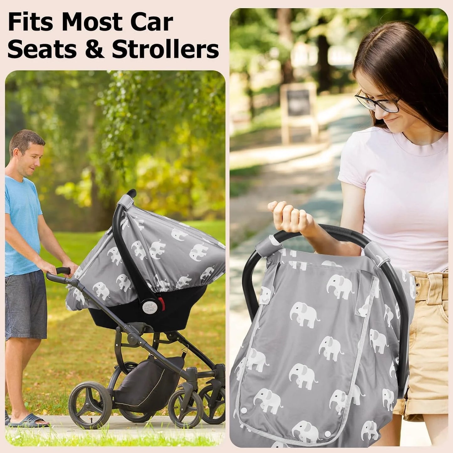 Beavtaens Car Seat Covers for Babies, Large Window Baby Car Seat Covers, Stretchy Carseat Canopy with Breathable Peekaboo, Kick-Proof & Windproof Infant Carseat Cover for Boys Girls (Elephants)