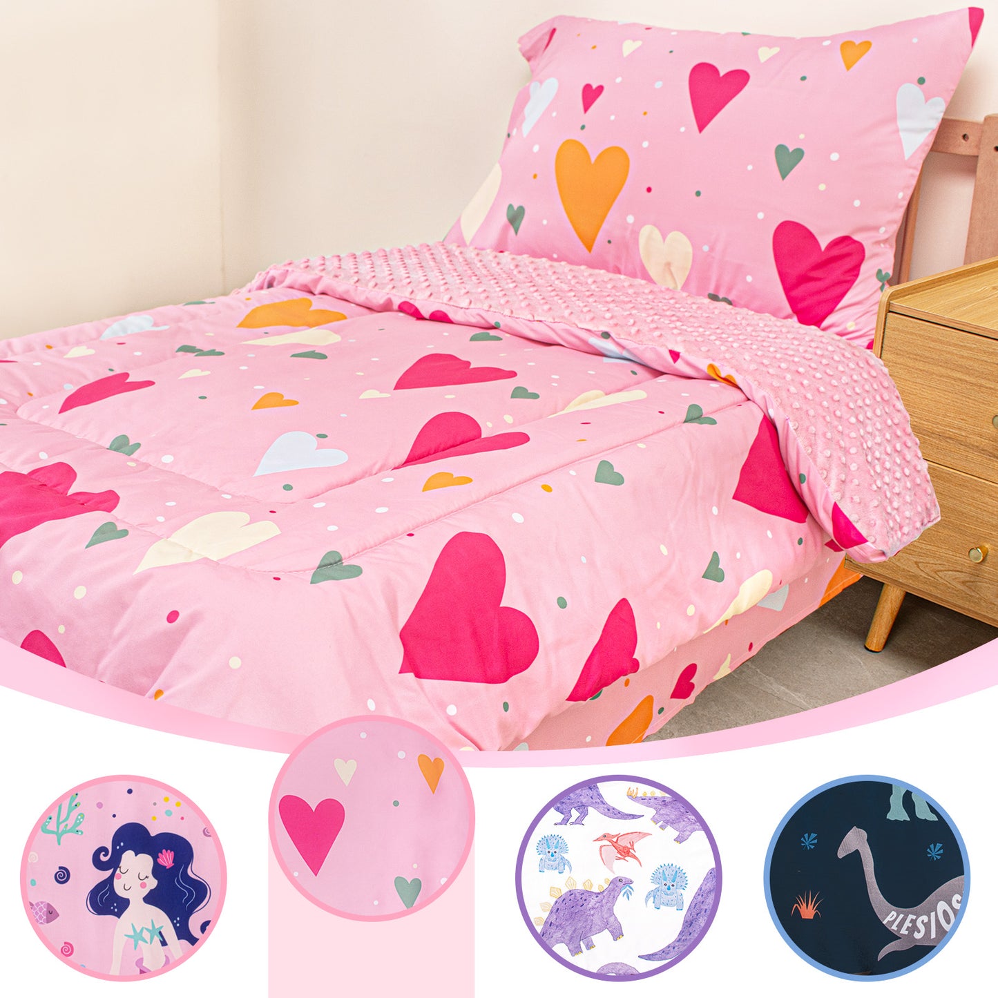 Baby Crib Bedding Set for Boy Girls, 4-Piece, Includes Pillowcase, Crib Sheet, Quilt, and Crib Fitted Sheet (Hearts)