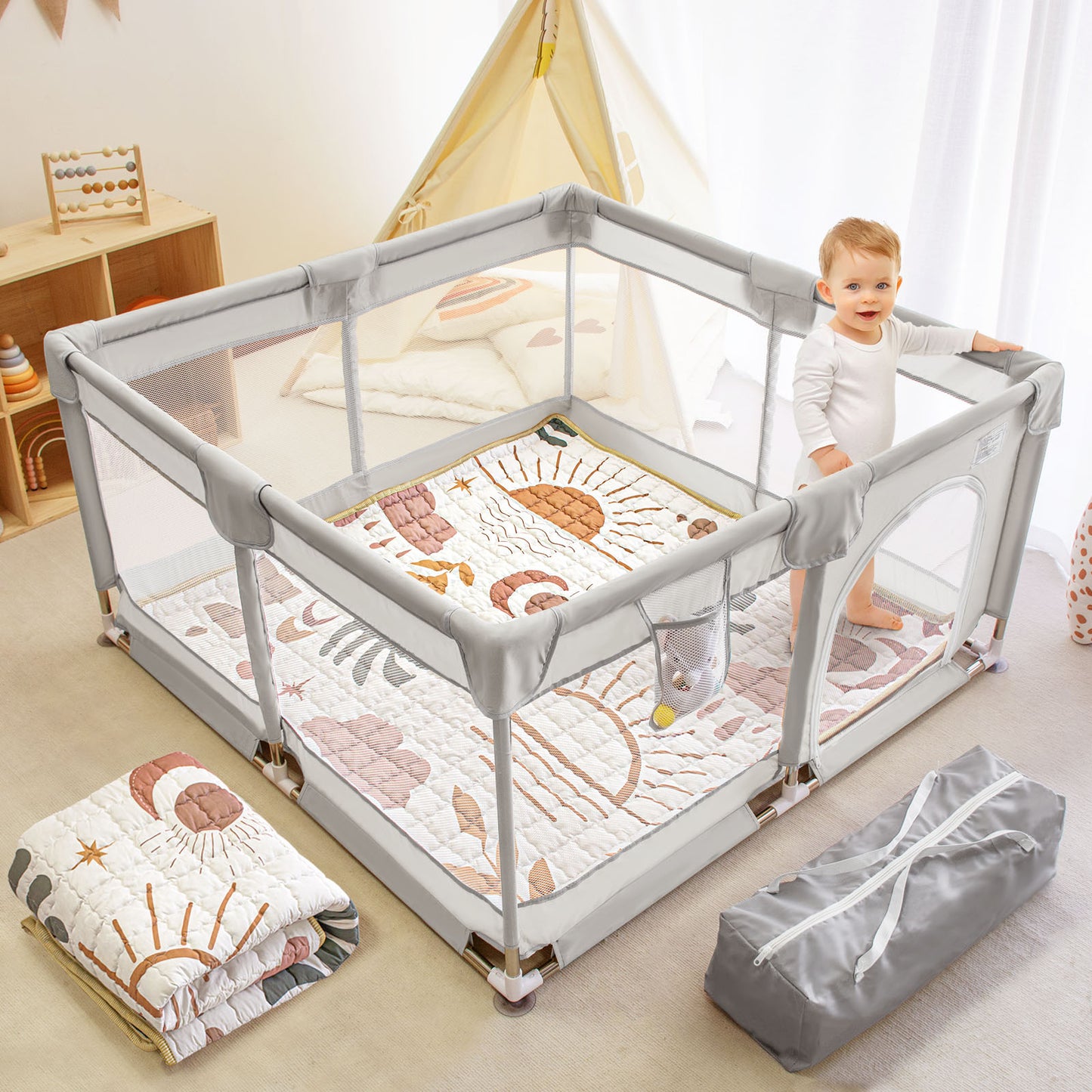 Beavtaens Baby Play Yard with Mat, 50"x50" Playpen for Babies and Toddlers, Safe and Non-Slip Baby Play Area with Zippered Door and Carrying Bag, Infant Travel Fence with Visible Mesh