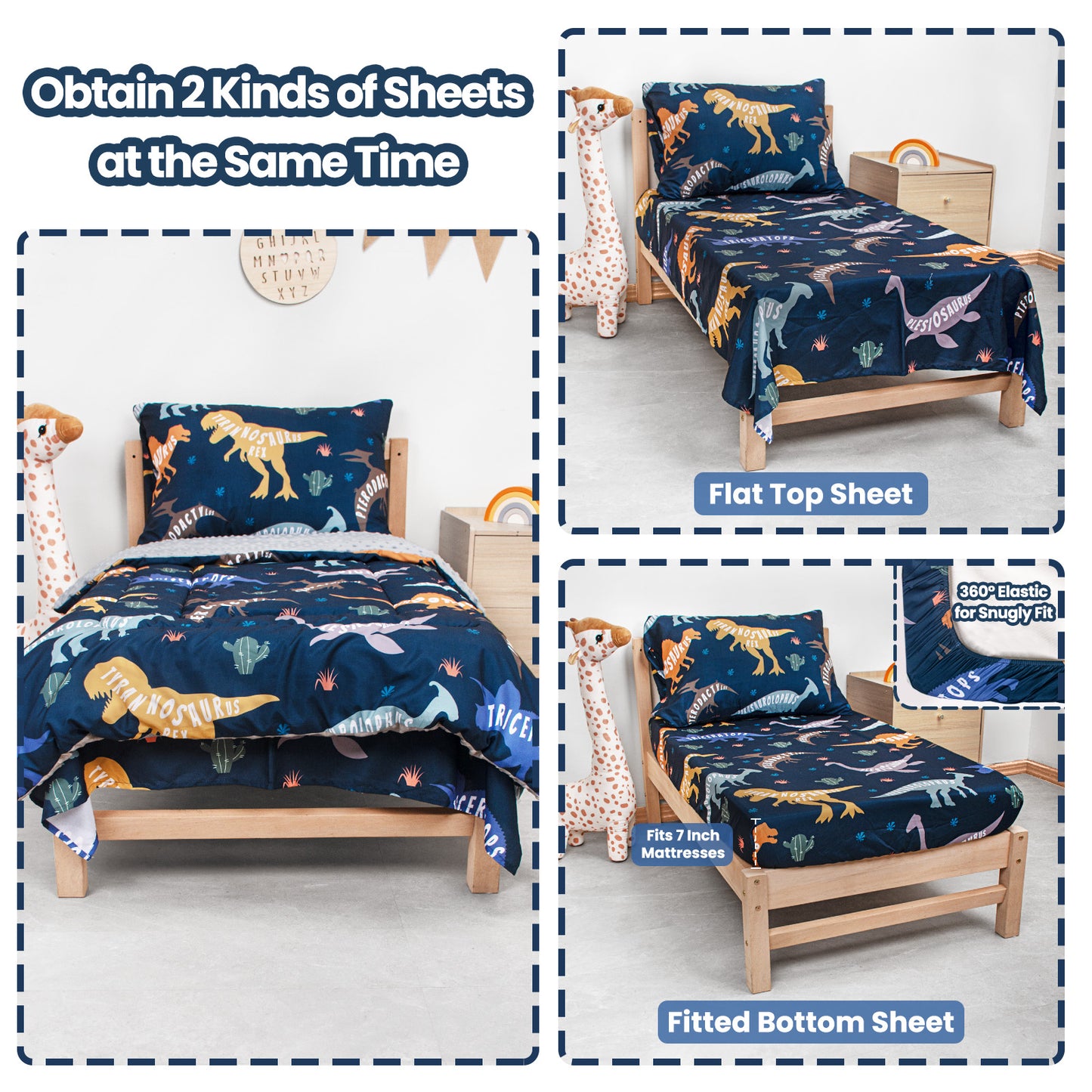 Baby Crib Bedding Set for Boy Girls, 4-Piece, Includes Pillowcase, Crib Sheet, Quilt, and Crib Fitted Sheet (Blue Dinosaur)