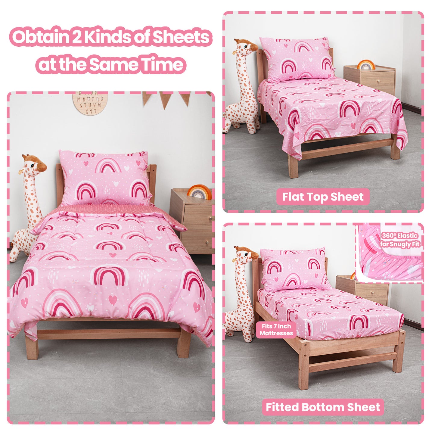 Baby Crib Bedding Set for Boy Girls, 4-Piece, Includes Pillowcase, Crib Sheet, Quilt, and Crib Fitted Sheet (Pink Rainbow)