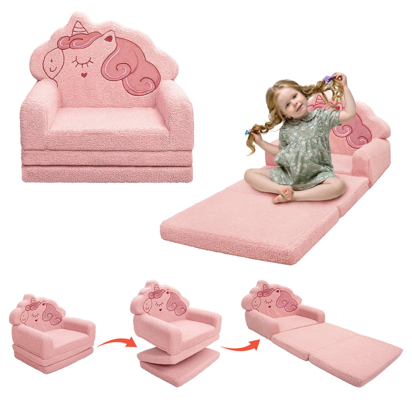 Beavtaens Toddler Couch, 2-in-1 Kids Comfy Chair with Teddy Fleece, Pink Toddler Fold Out Couch with Cute Unicorn Designs, Soft Sofa Bed for Kids