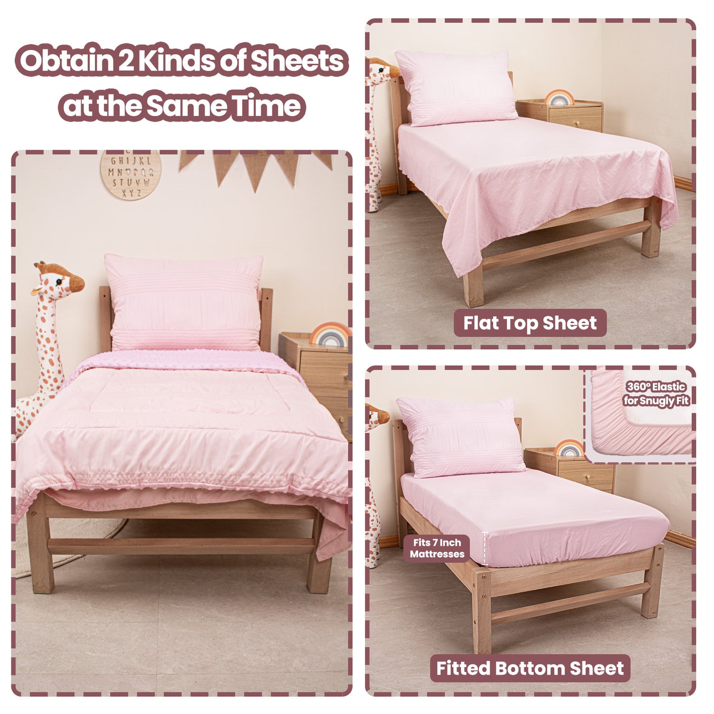 Baby Crib Bedding Set for Boy Girls, 4-Piece, Includes Pillowcase, Crib Sheet, Quilt, and Crib Fitted Sheet (Pink)