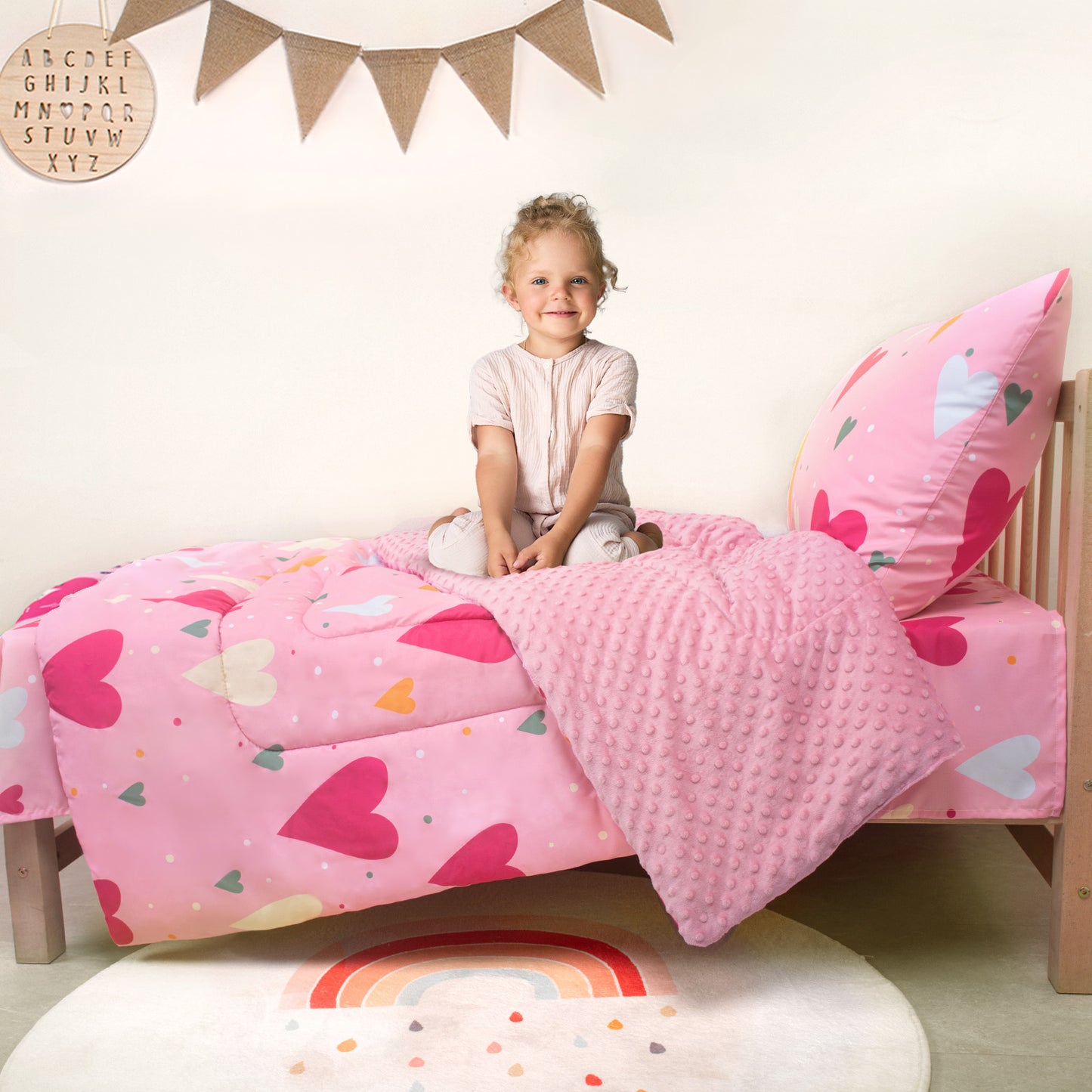 Baby Crib Bedding Set for Boy Girls, 4-Piece, Includes Pillowcase, Crib Sheet, Quilt, and Crib Fitted Sheet (Hearts)