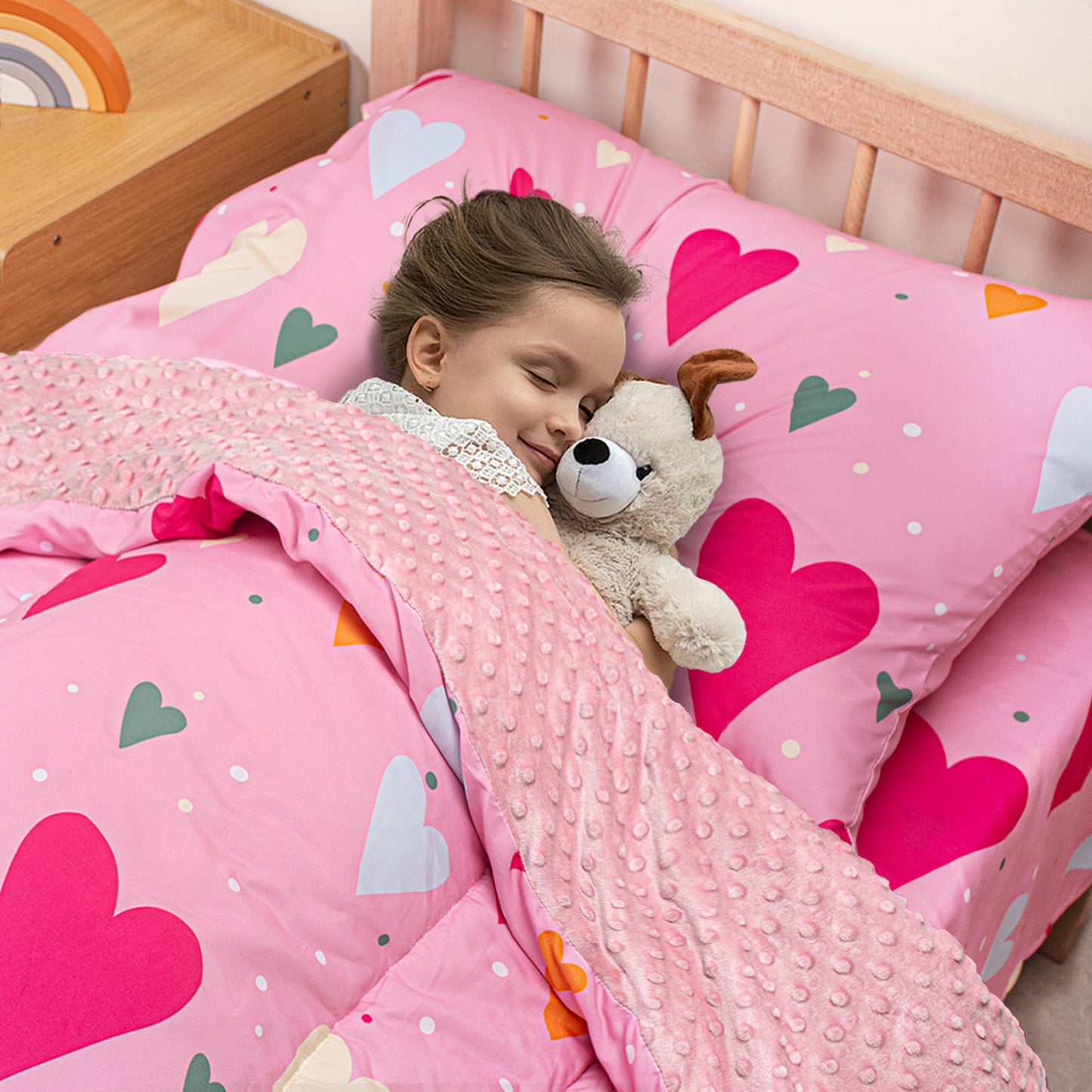 Baby Crib Bedding Set for Boy Girls, 4-Piece, Includes Pillowcase, Crib Sheet, Quilt, and Crib Fitted Sheet (Hearts)