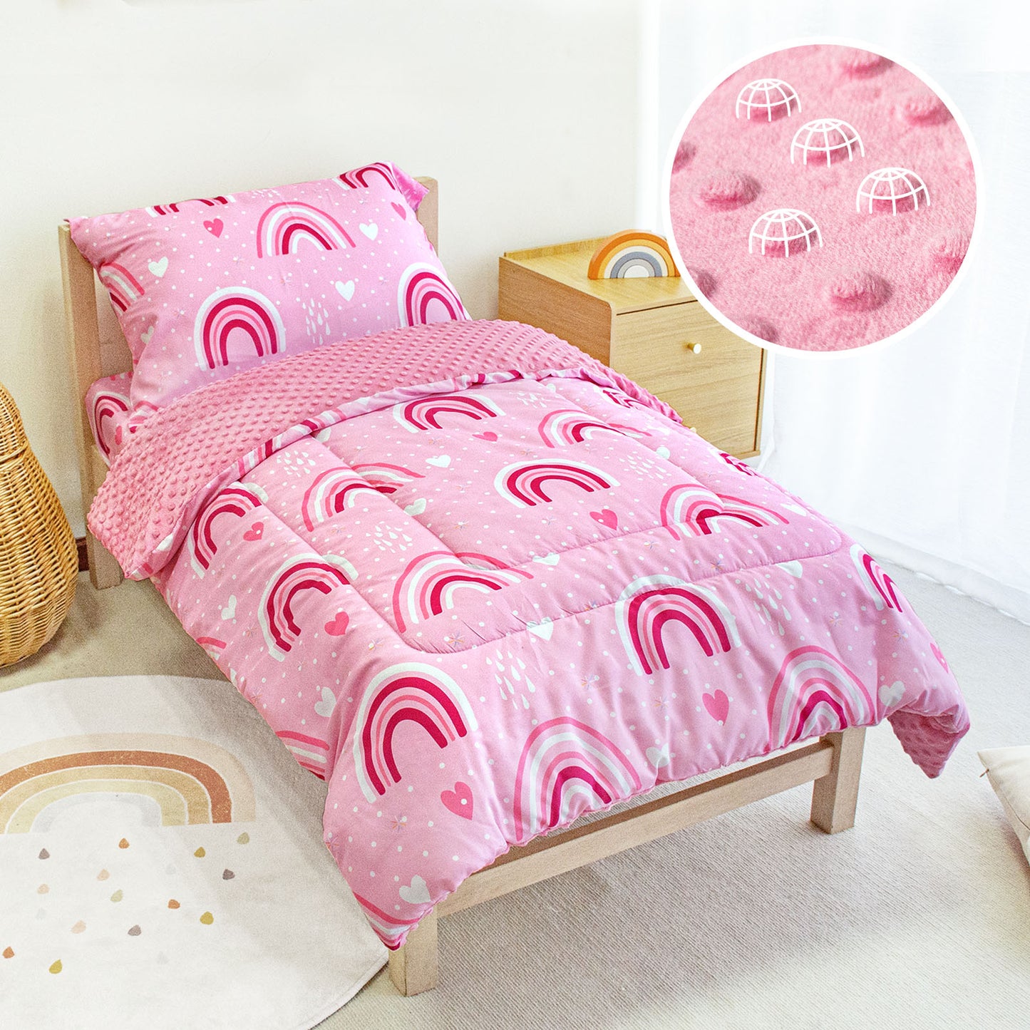 Baby Crib Bedding Set for Boy Girls, 4-Piece, Includes Pillowcase, Crib Sheet, Quilt, and Crib Fitted Sheet (Pink Rainbow)