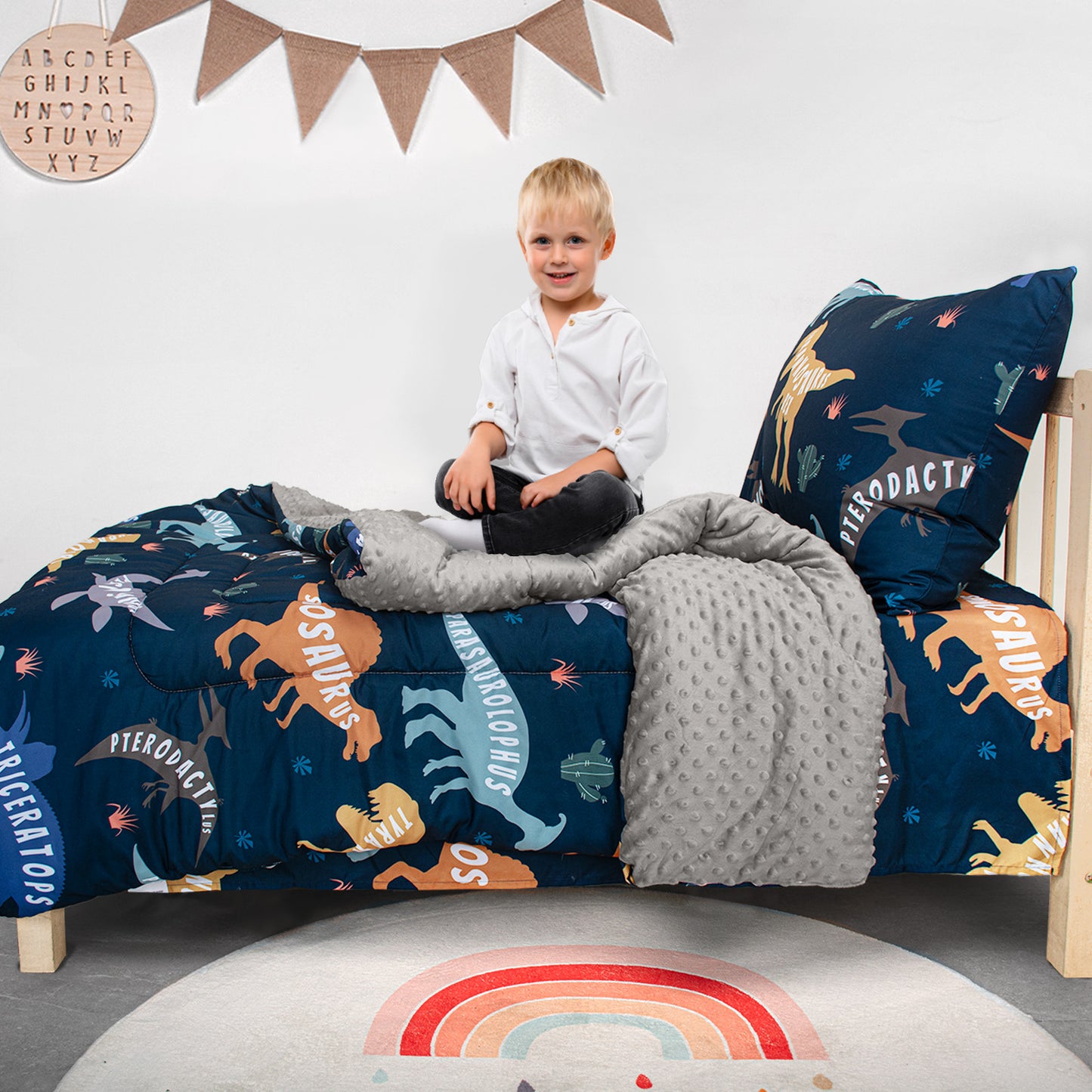 Baby Crib Bedding Set for Boy Girls, 4-Piece, Includes Pillowcase, Crib Sheet, Quilt, and Crib Fitted Sheet (Blue Dinosaur)
