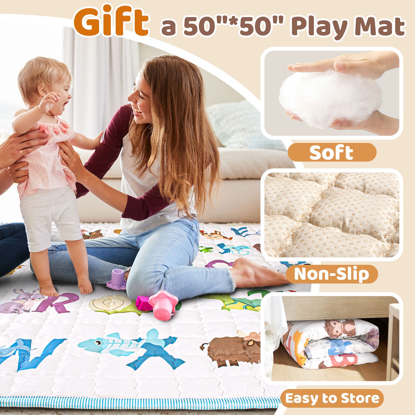 Beavtaens Baby Play Yard with Mat, 50"x50" Playpen for Babies and Toddlers, Safe and Non-Slip Baby Play Area with Zippered Door and Carrying Bag, Infant Travel Fence with Visible Mesh