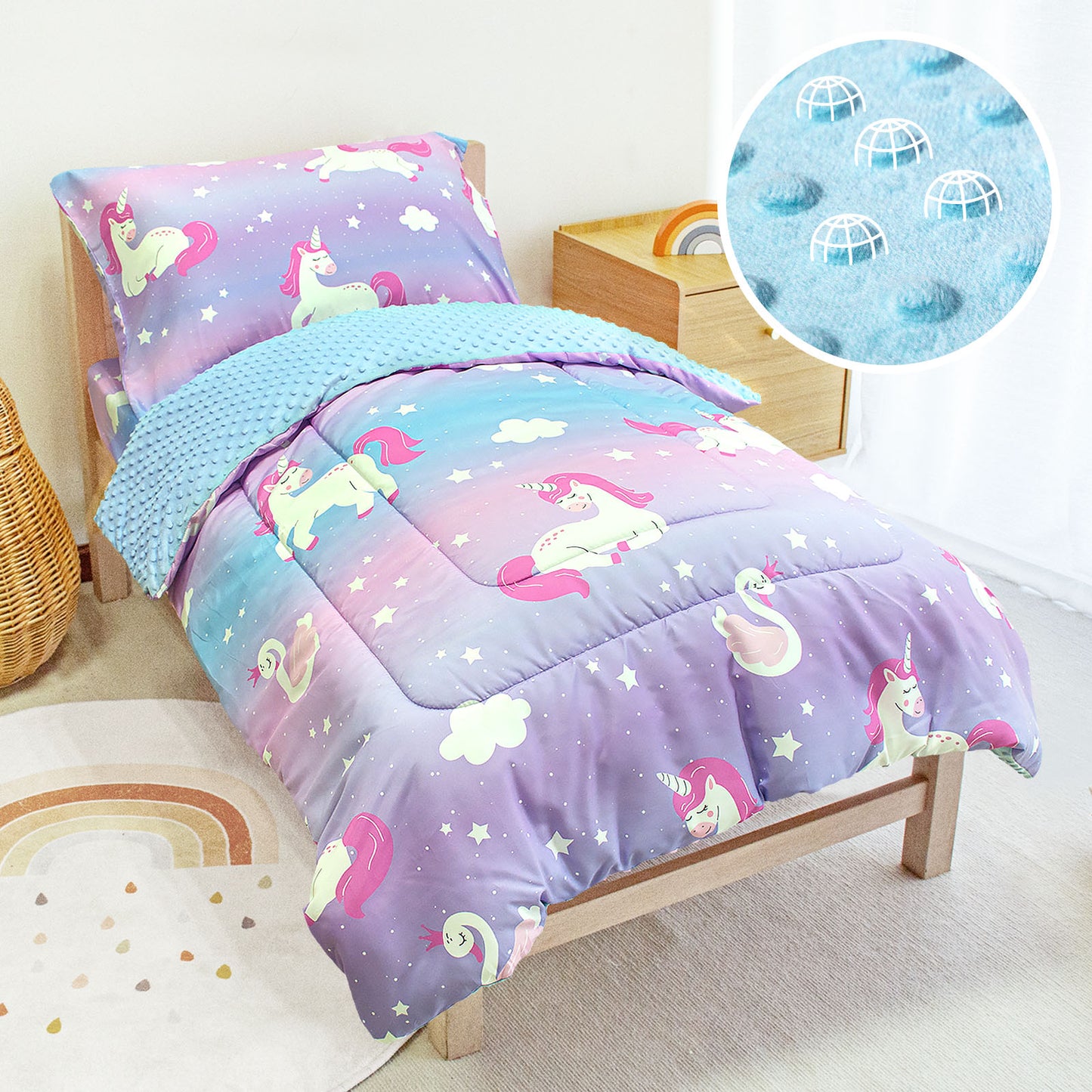 Baby Crib Bedding Set for Boy Girls, 4-Piece, Includes Pillowcase, Crib Sheet, Quilt, and Crib Fitted Sheet (Unicorn)